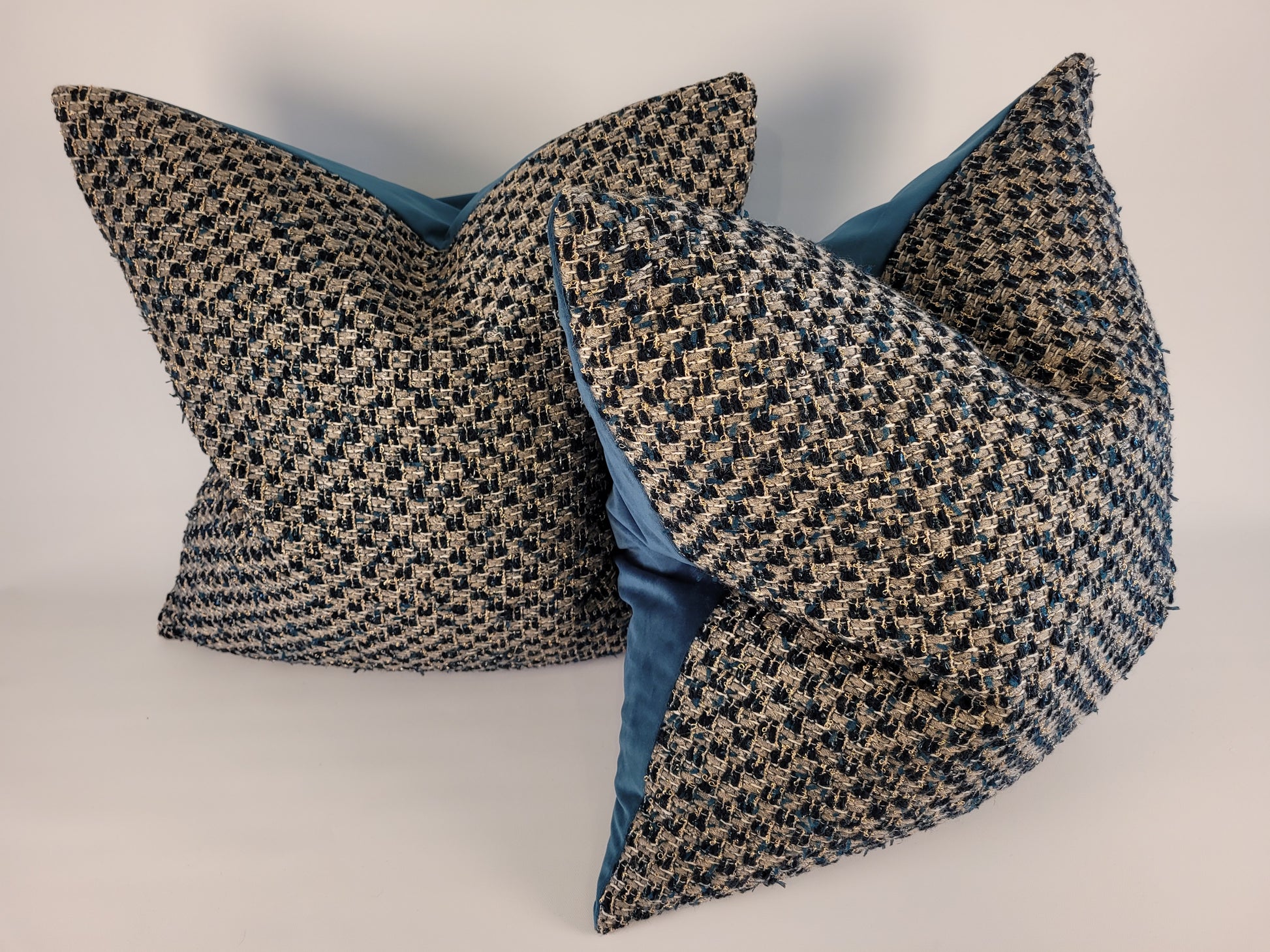Dark Teal and Grey Tweed Pillow with Dark Teal Velvet Back 22"
