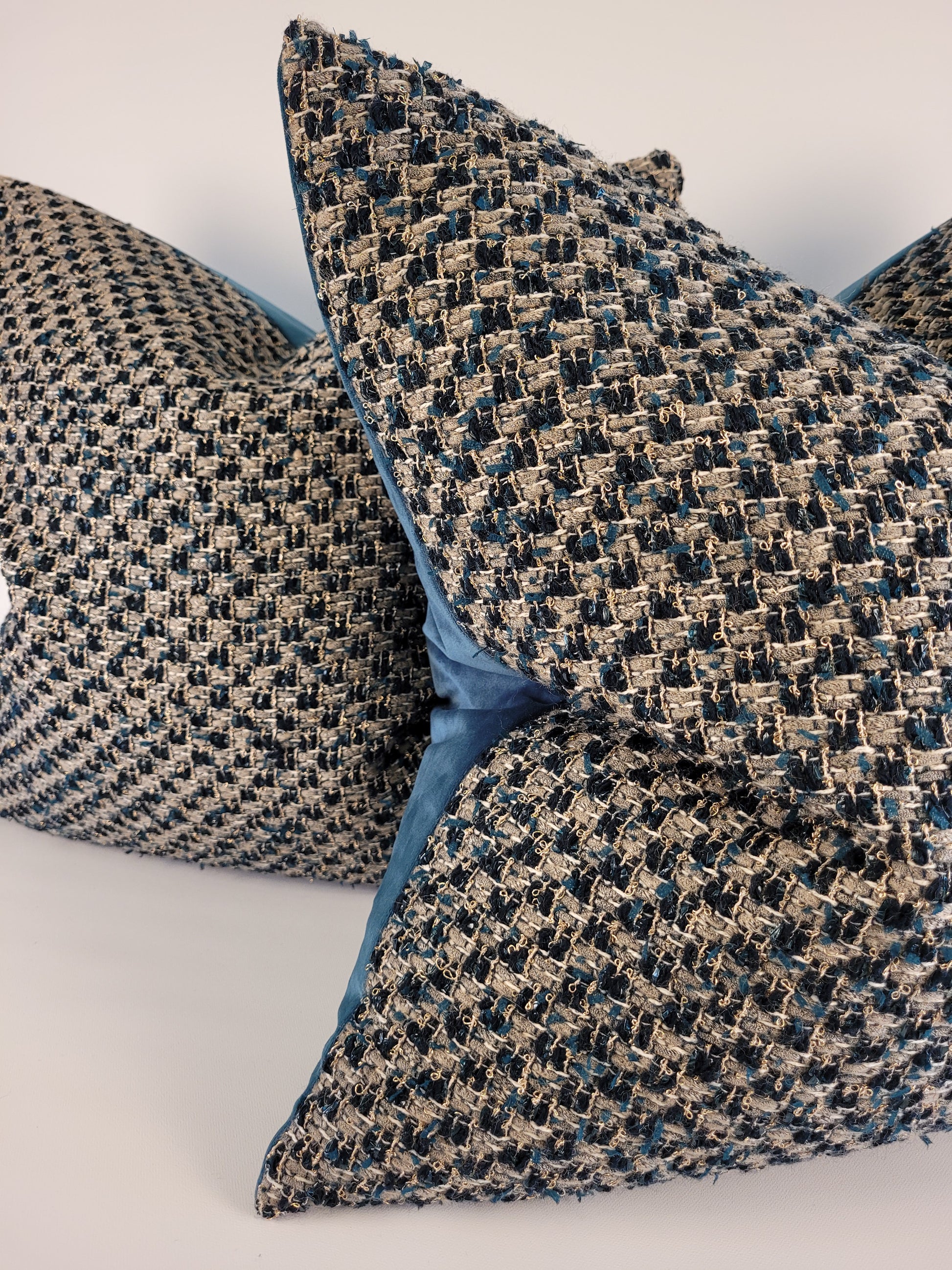 Dark Teal and Grey Tweed Pillow with Dark Teal Velvet Back 22"