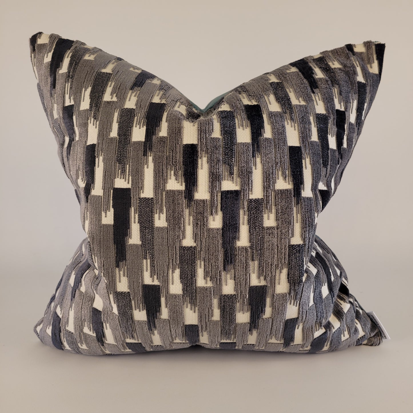 Dark and Light Grey Velvet Accent Pillow with Teal Mohair Back 18"
