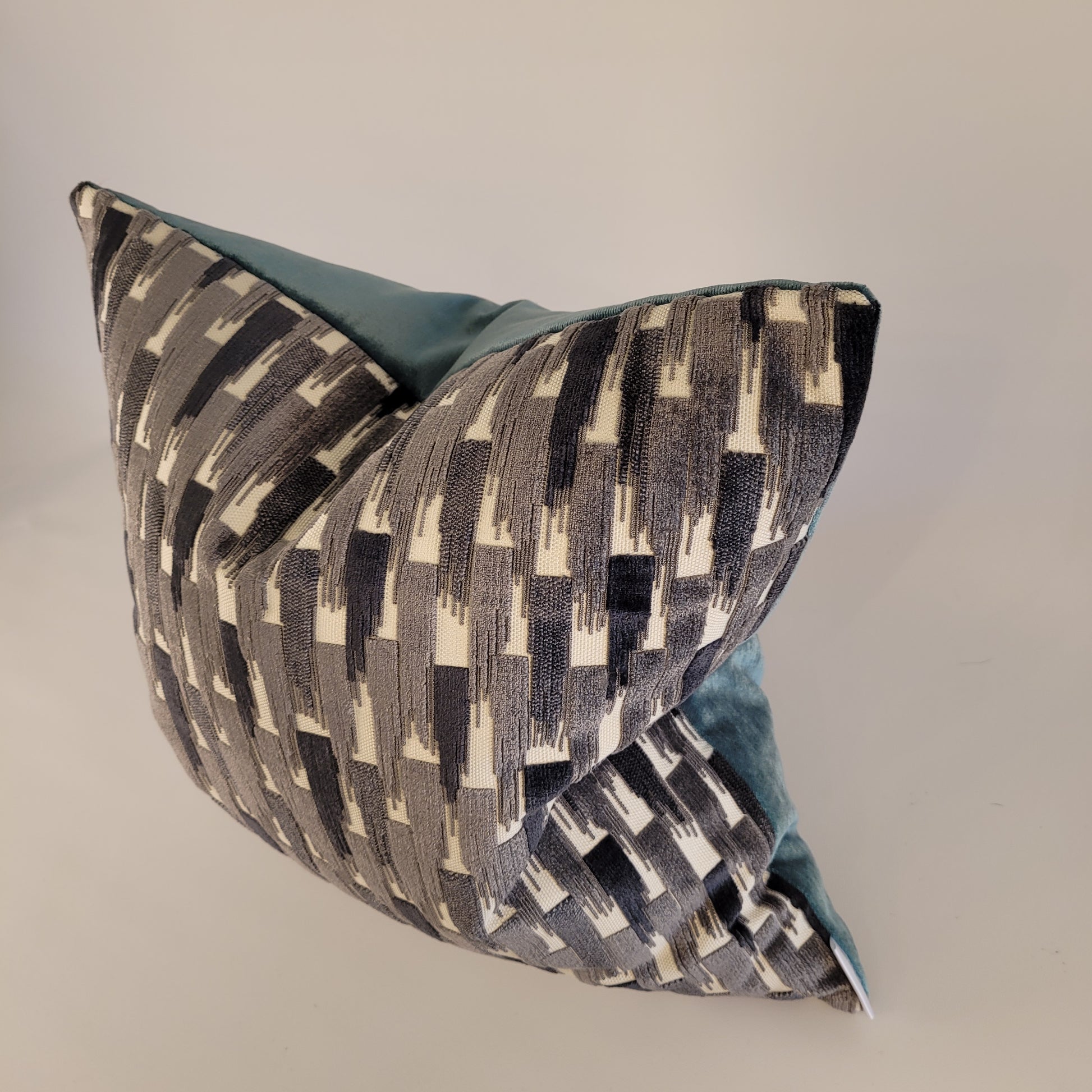 Dark and Light Grey Velvet Accent Pillow with Teal Mohair Back 18"