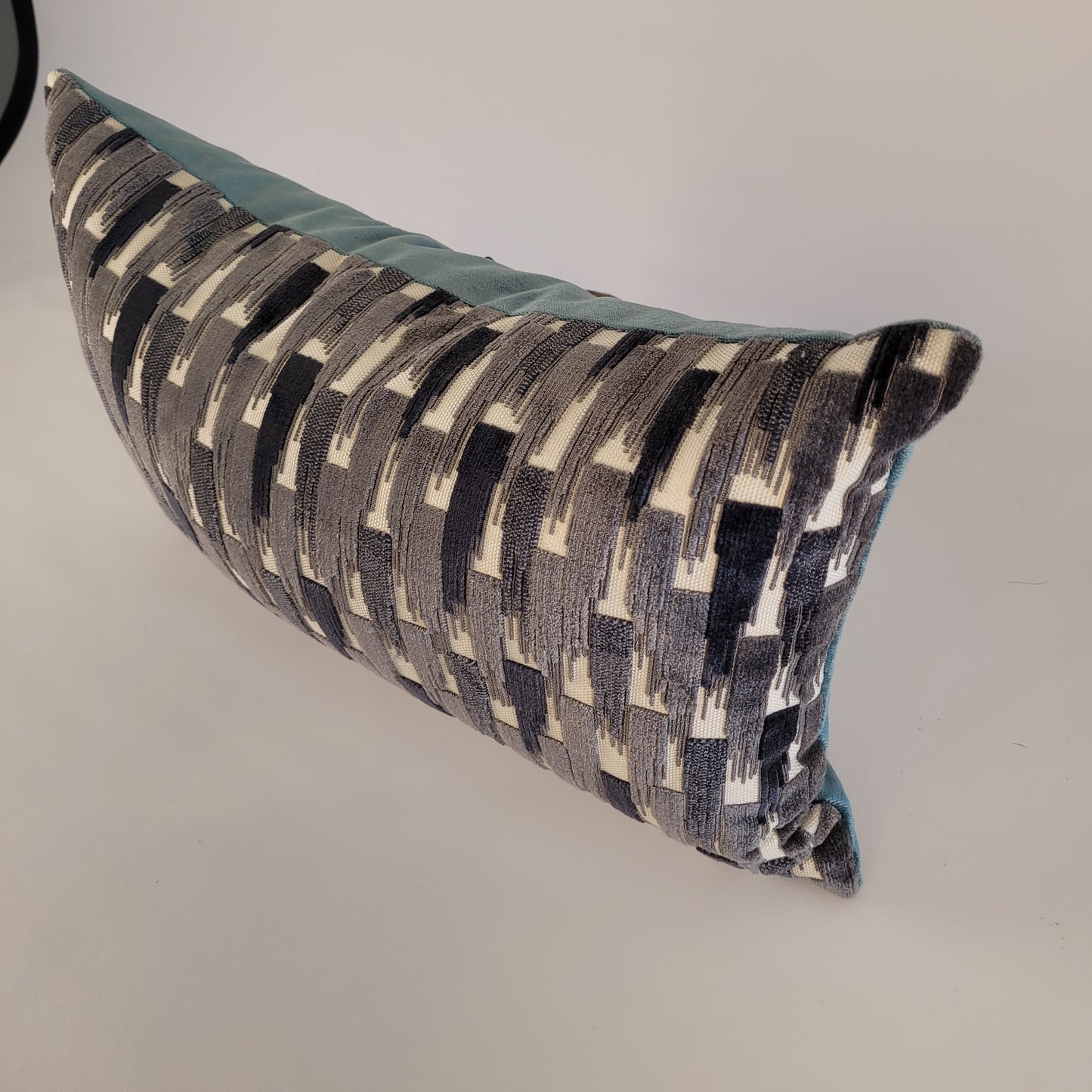 Dark and Light Grey Velvet Accent Pillow with Teal Mohair Back 12"x20" Lumbar