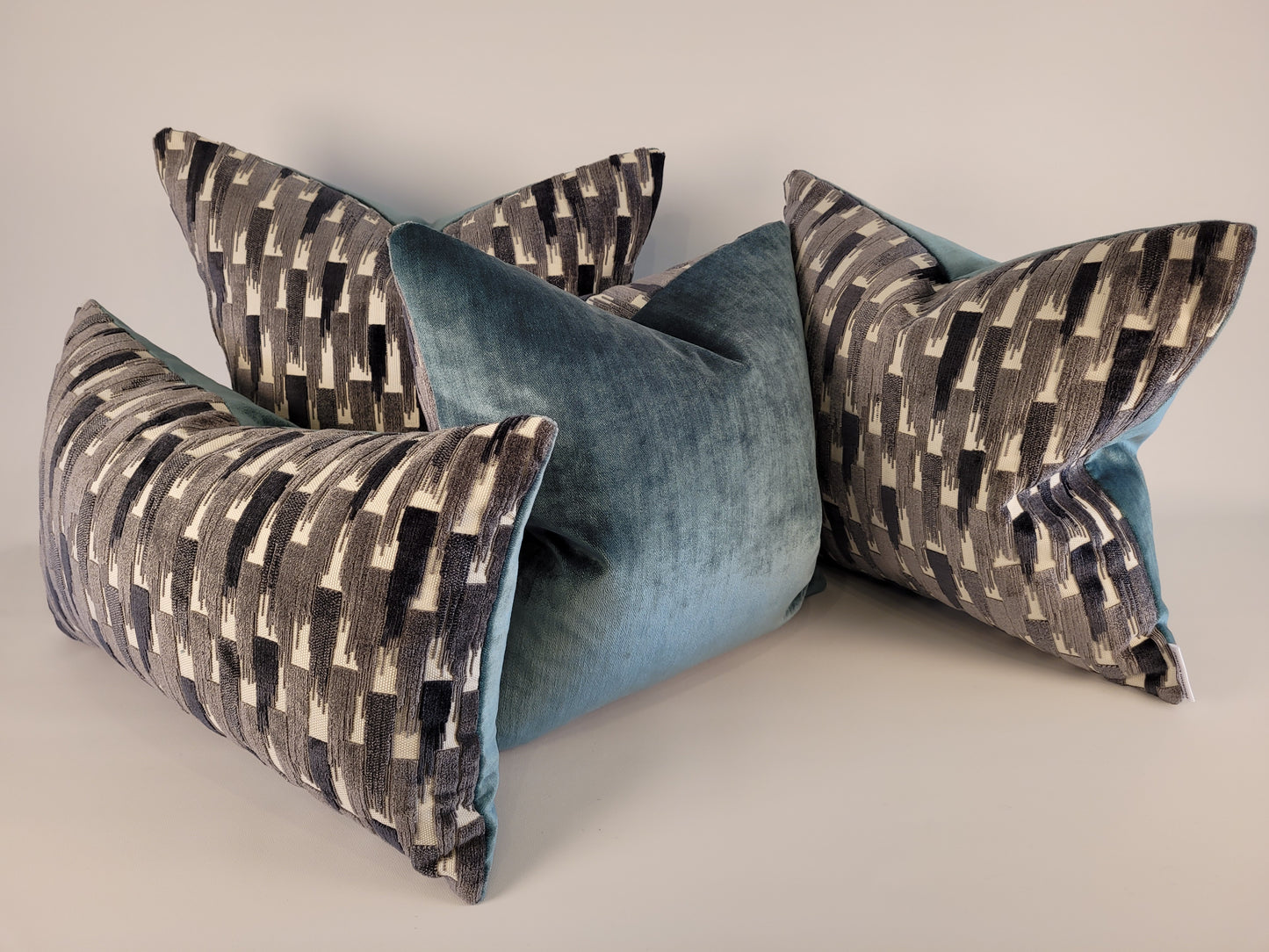 Dark and Light Grey Velvet Accent Pillow with Teal Mohair Back 12"x20" Lumbar
