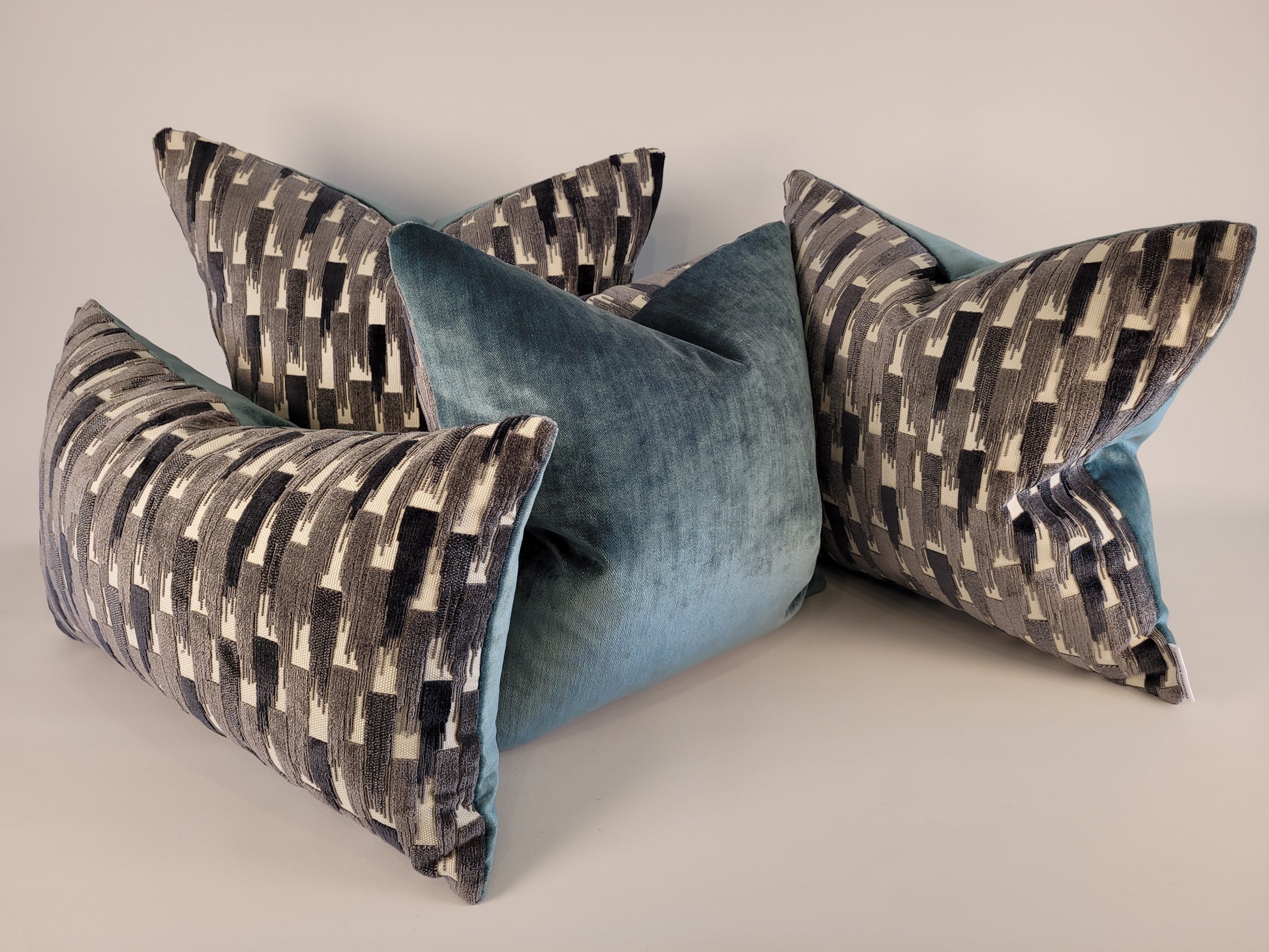 Dark and Light Grey Velvet Accent Pillow with Teal Mohair Back 12"x20" Lumbar