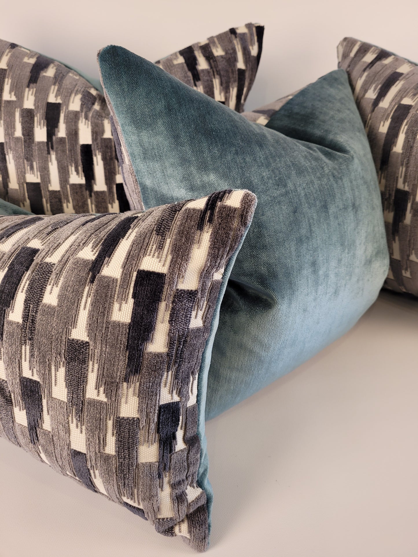 Dark and Light Grey Velvet Accent Pillow with Teal Mohair Back 18"