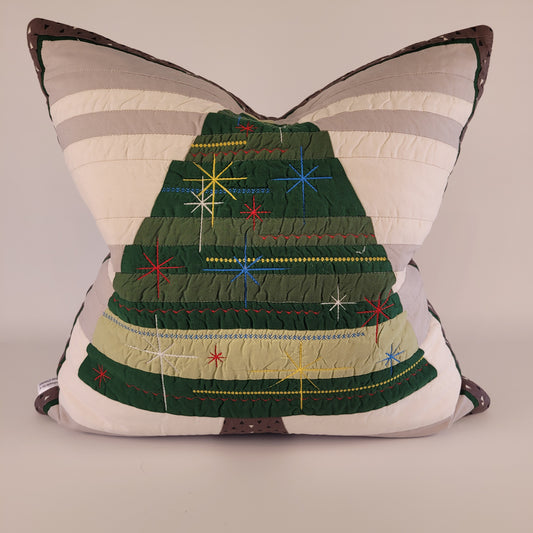 Quilted, Embroidered Mid-Century Kitsch Inspired Christmas Tree Pillow 22"