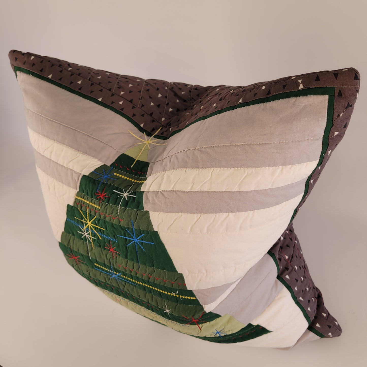 Quilted, Embroidered Mid-Century Kitsch Inspired Christmas Tree Pillow 22"