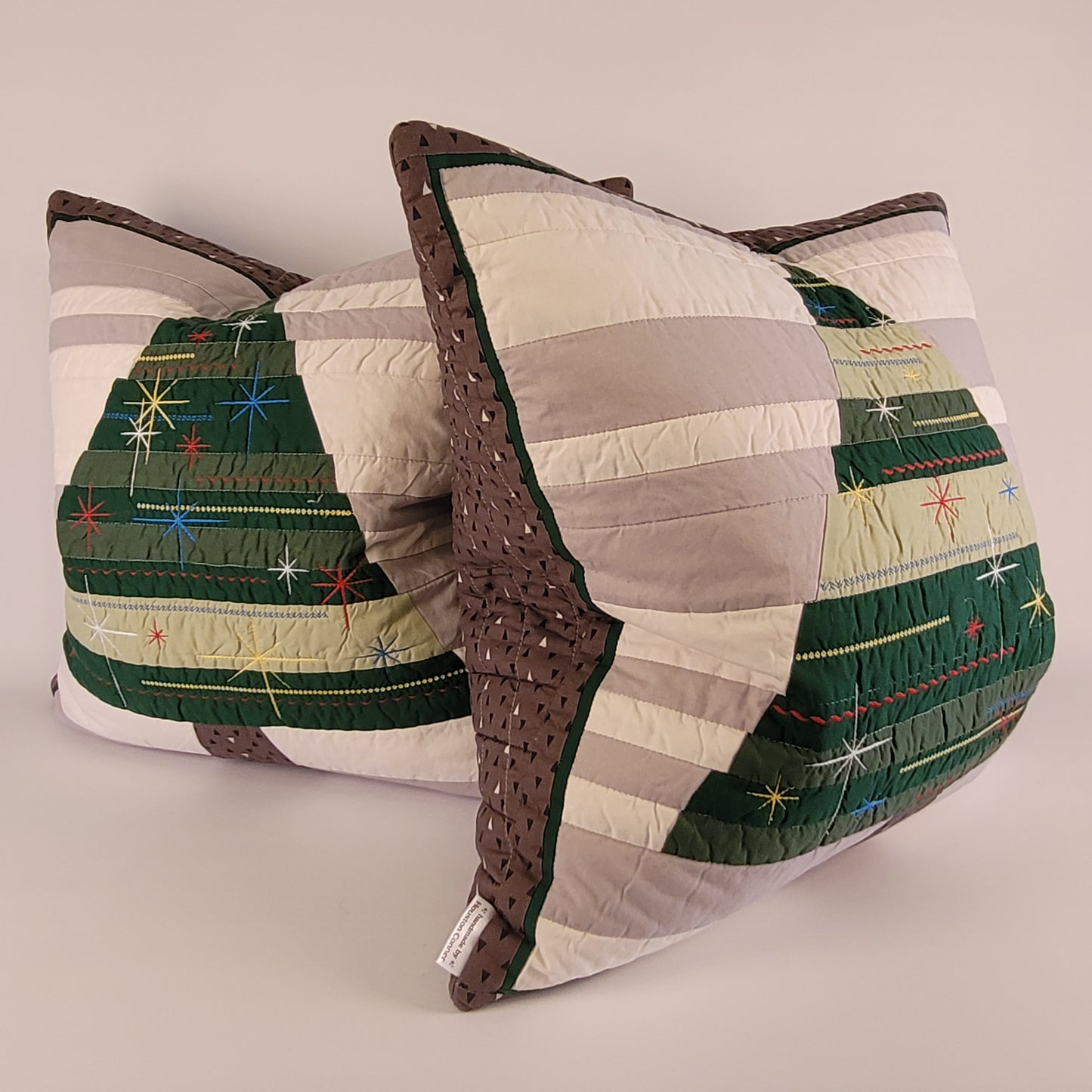 Quilted, Embroidered Mid-Century Kitsch Inspired Christmas Tree Pillow 22"
