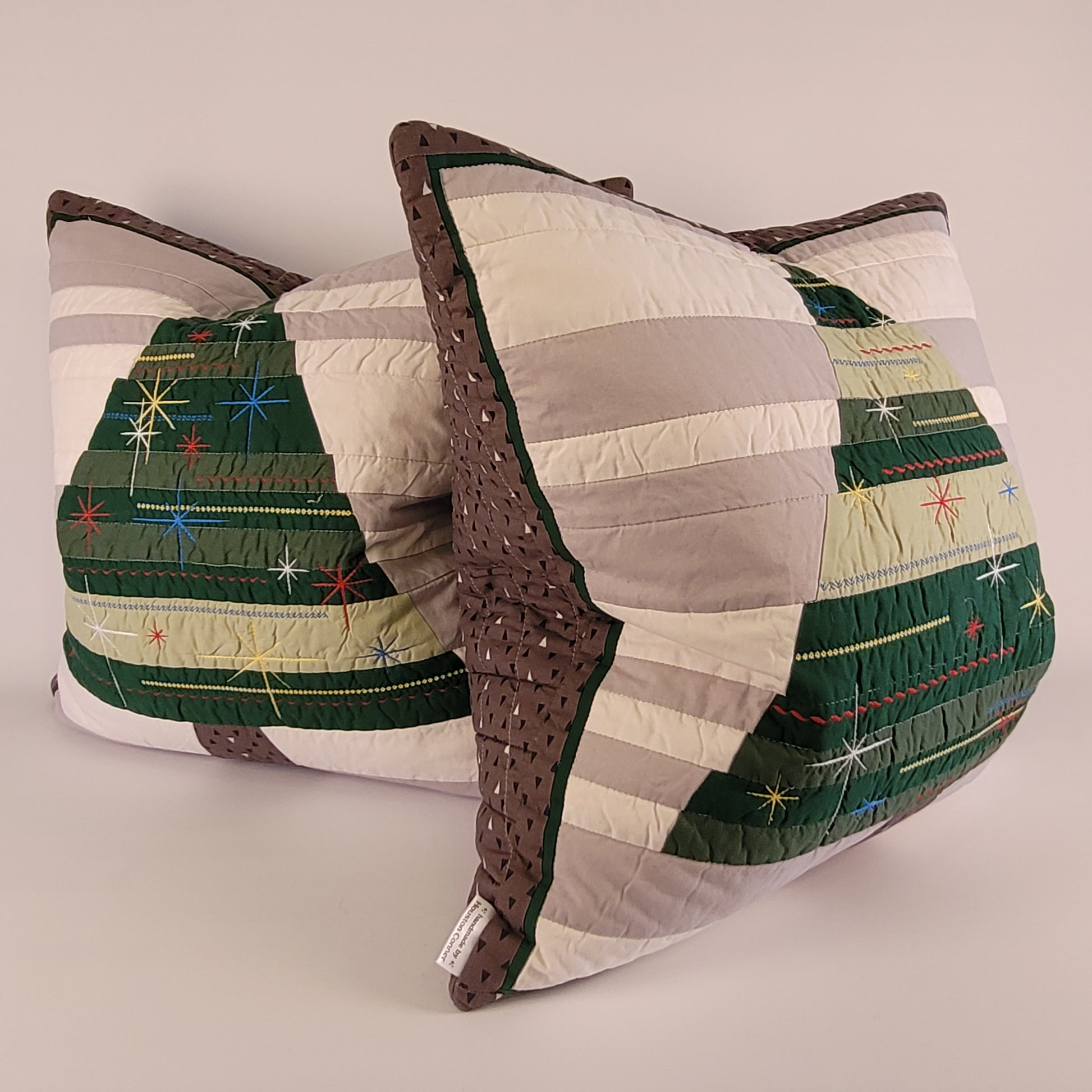 Quilted, Embroidered Mid-Century Kitsch Inspired Christmas Tree Pillow 22"