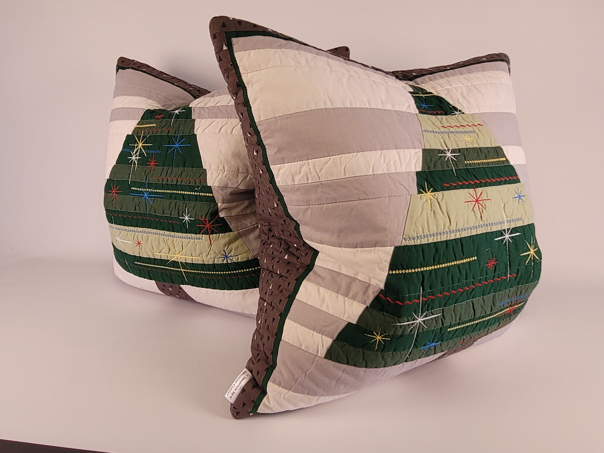 Quilted, Embroidered Mid-Century Kitsch Inspired Christmas Tree Pillow 22"