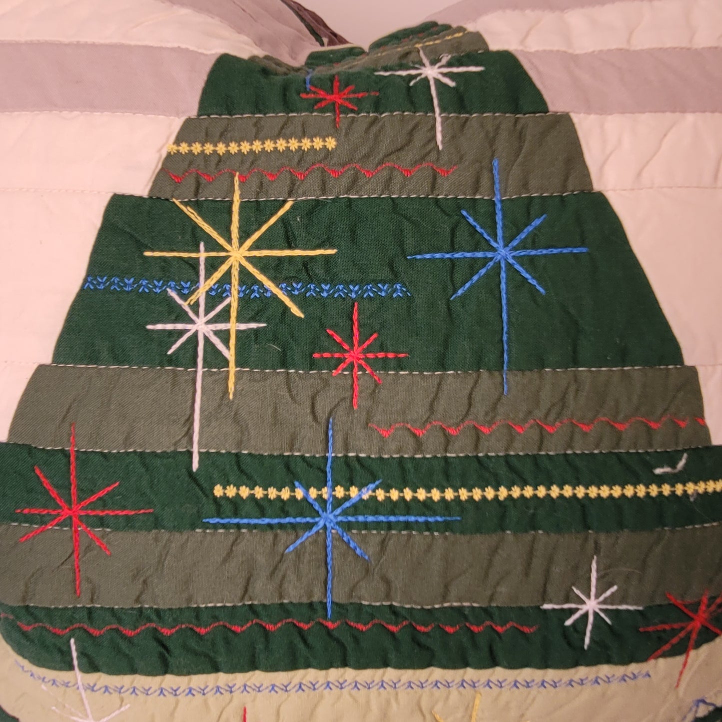 Quilted, Embroidered Mid-Century Kitsch Inspired Christmas Tree Pillow 22"