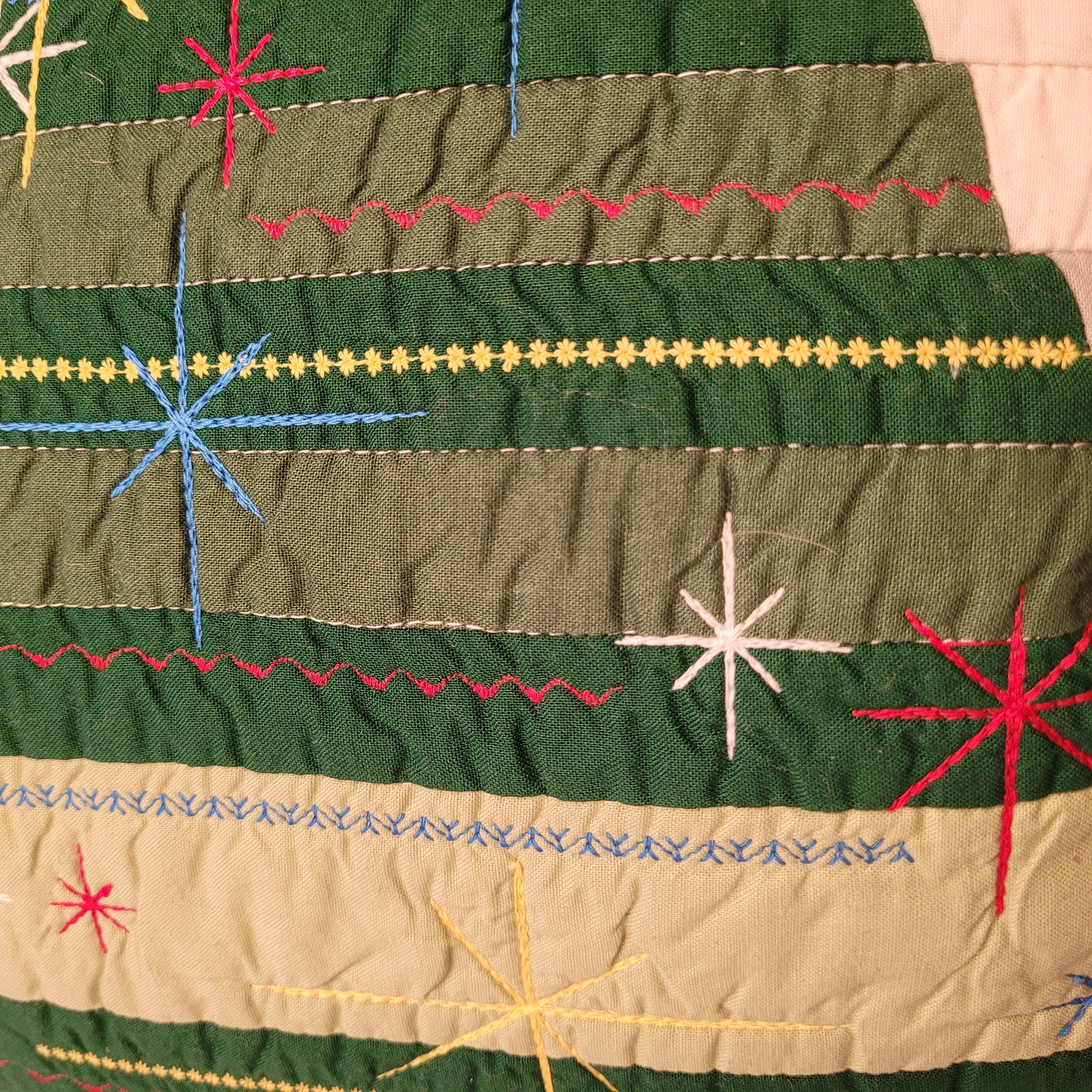 Quilted, Embroidered Mid-Century Kitsch Inspired Christmas Tree Pillow 22"