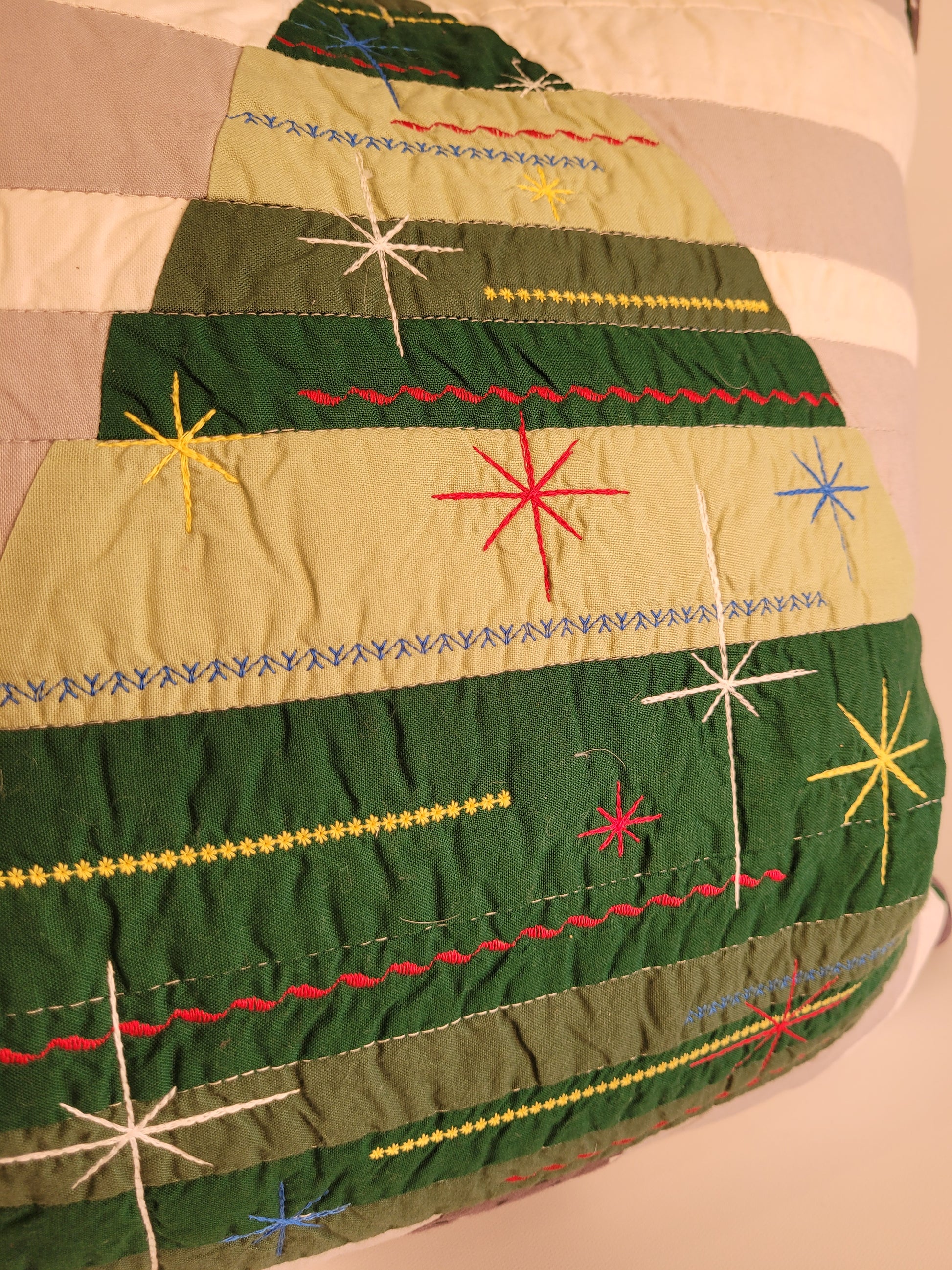 Quilted, Embroidered Mid-Century Kitsch Inspired Christmas Tree Pillow 22"