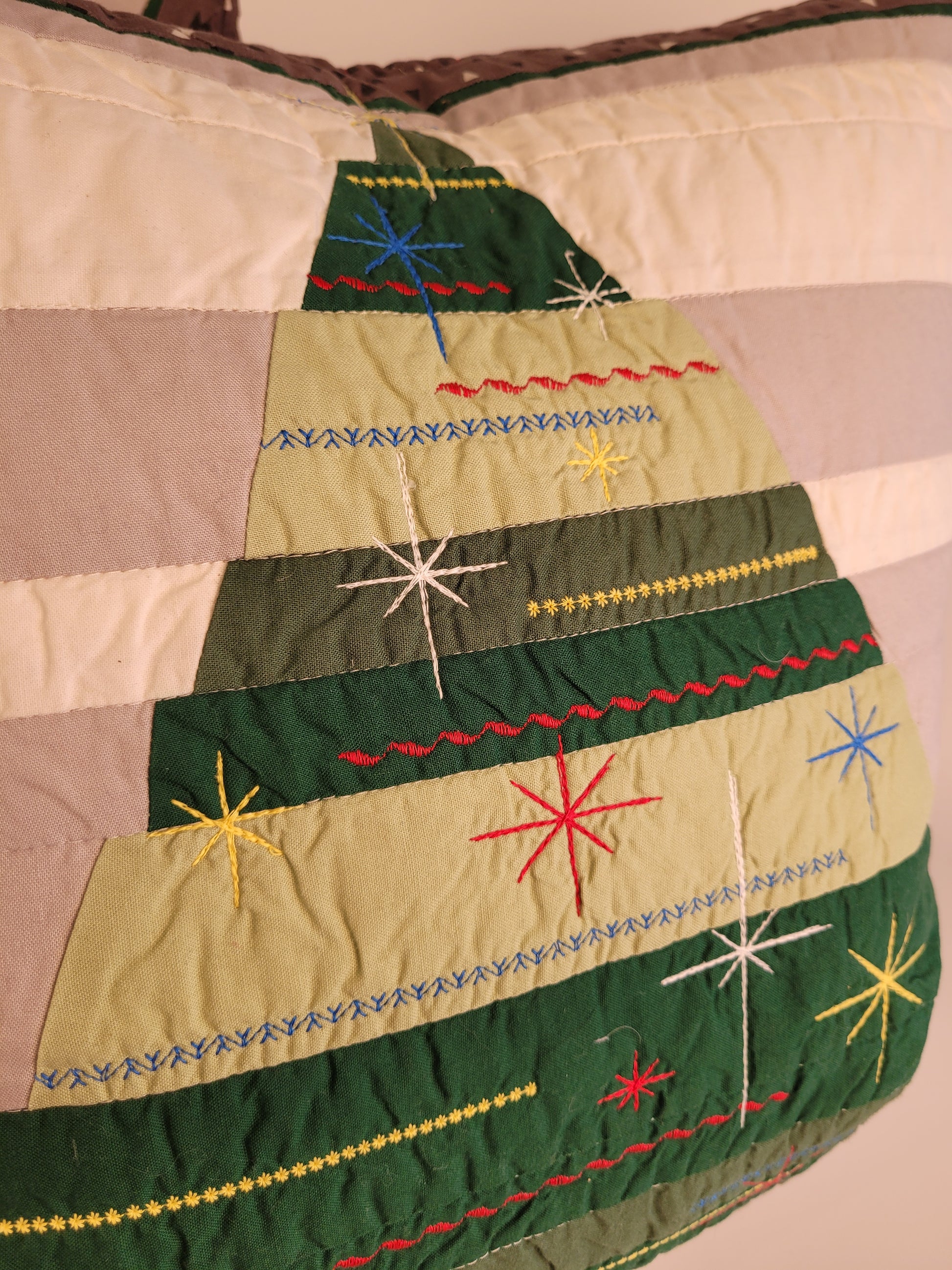 Quilted, Embroidered Mid-Century Kitsch Inspired Christmas Tree Pillow 22"