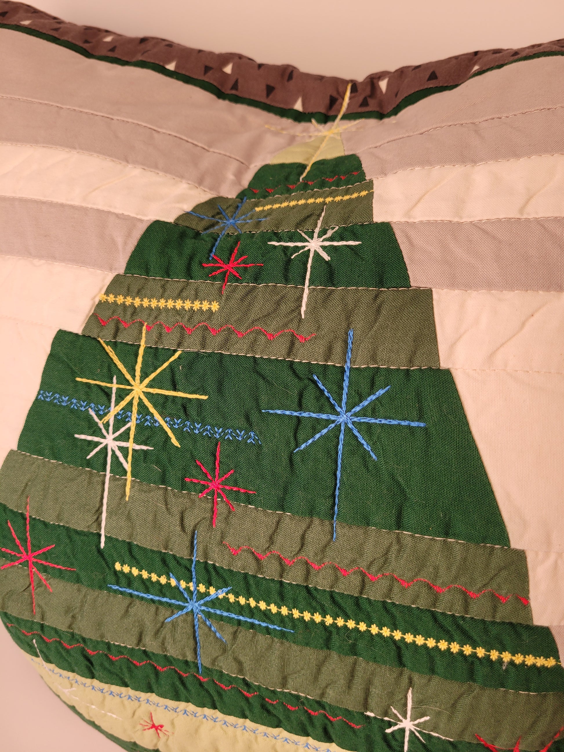 Quilted, Embroidered Mid-Century Kitsch Inspired Christmas Tree Pillow 22"