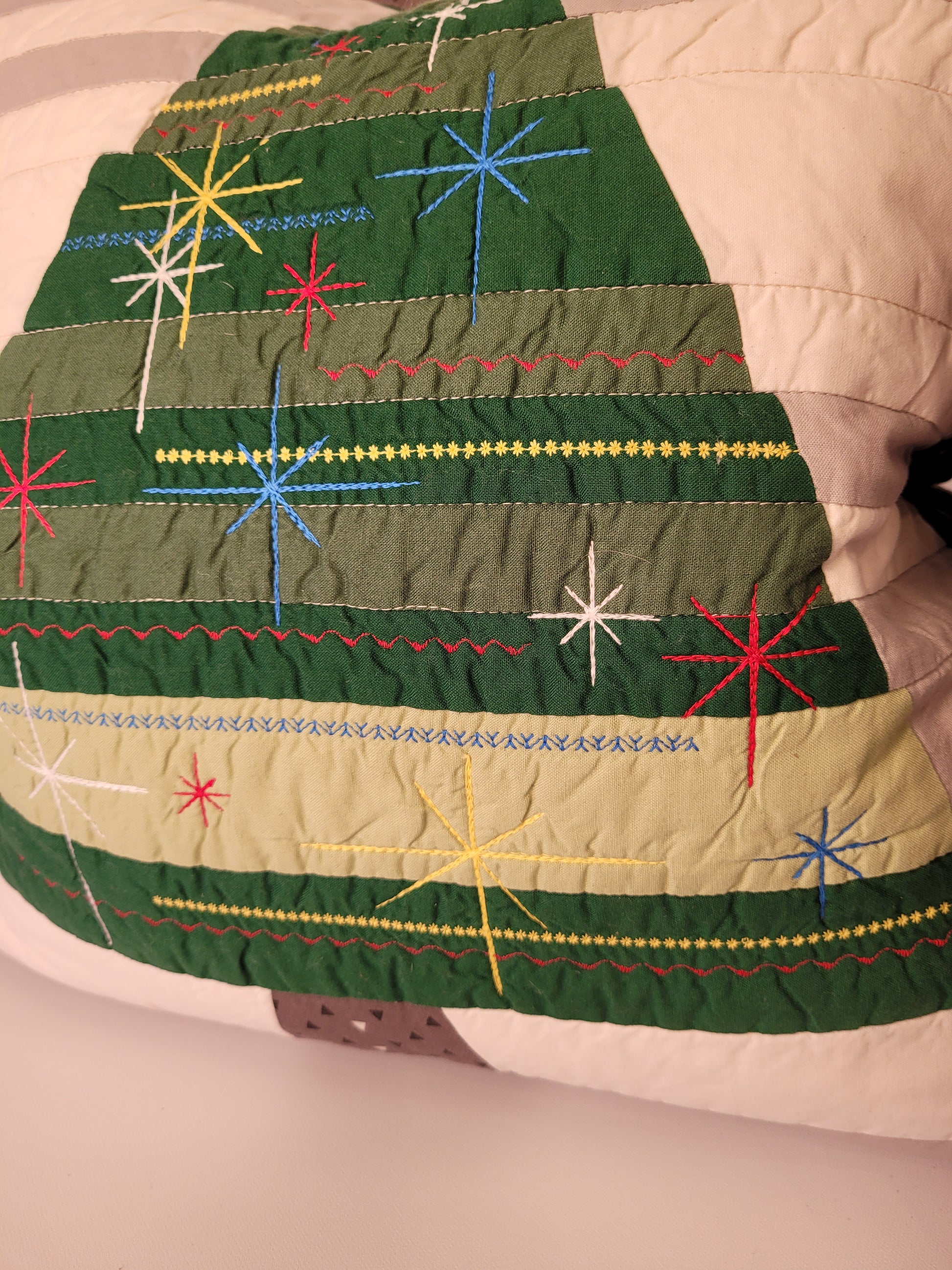 Quilted, Embroidered Mid-Century Kitsch Inspired Christmas Tree Pillow 22"