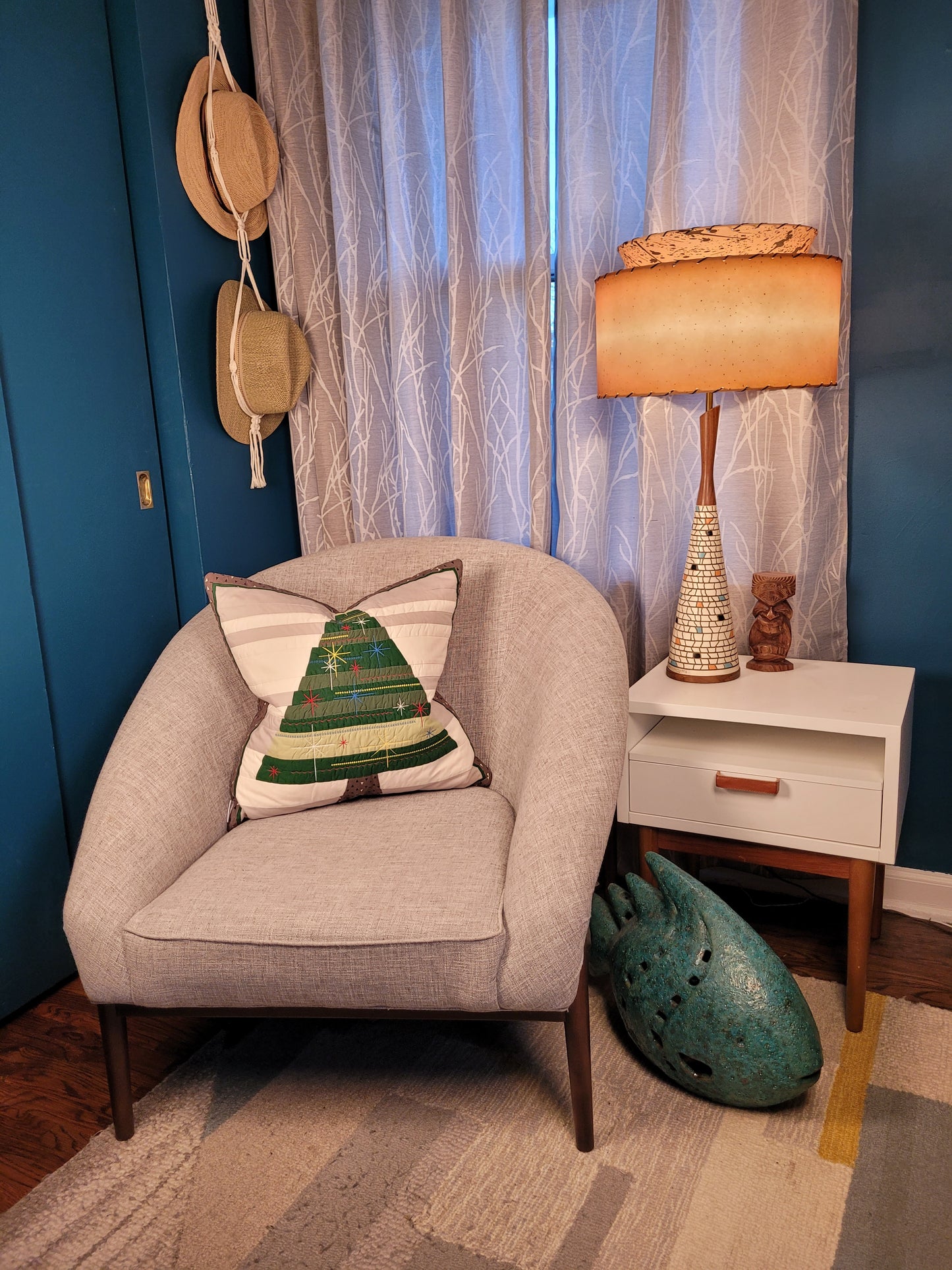 Quilted, Embroidered Mid-Century Kitsch Inspired Christmas Tree Pillow 22"
