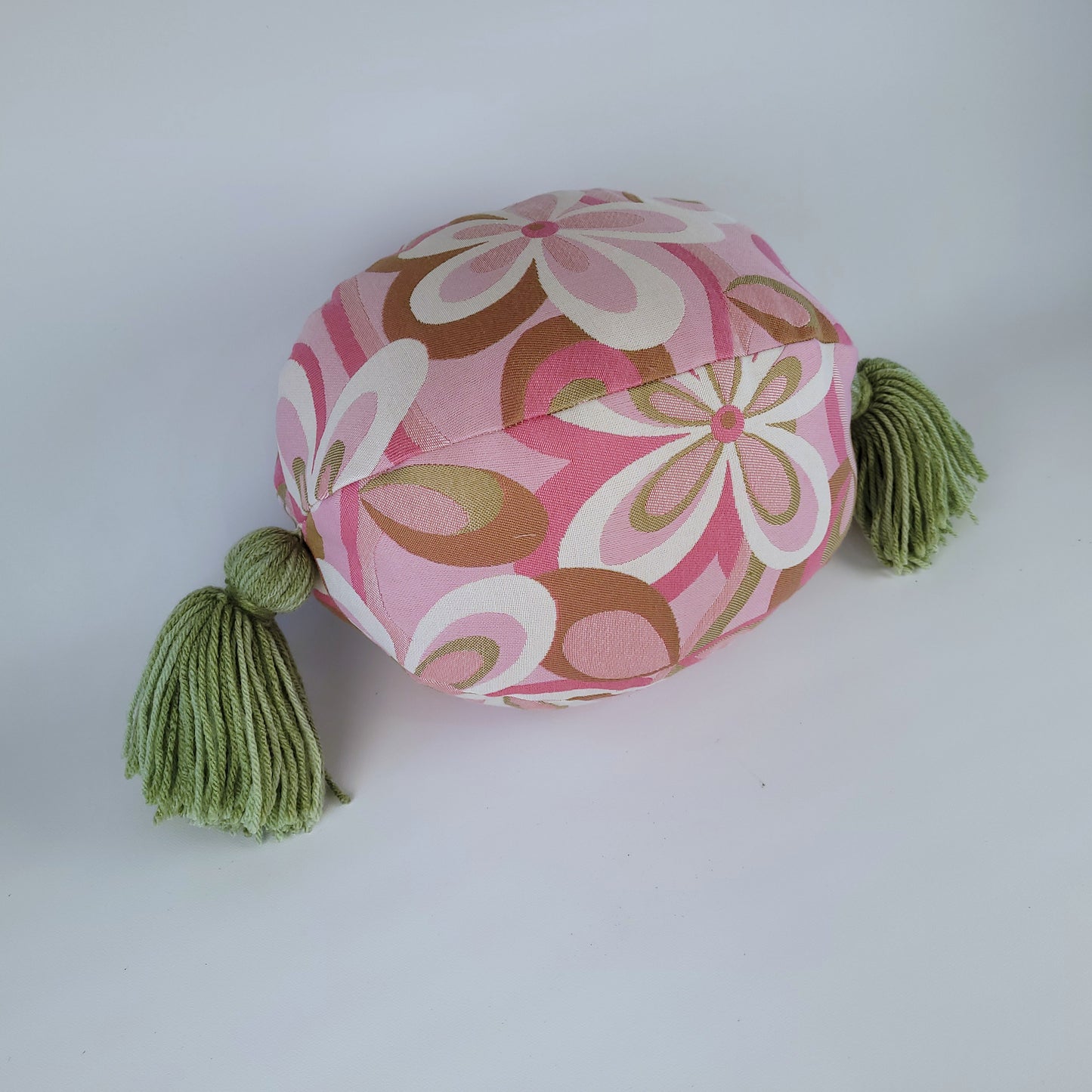 Vintage 1970s Pink and Green Flower-Power Accent Pillow with Handmade Tassels