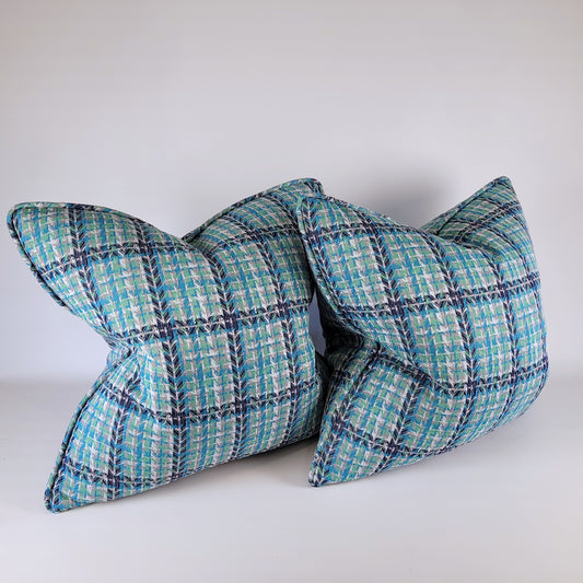 Vintage Early 1970s Navy Blue, Turquoise Blue, Grey, Green Double Knit Pillow 20"