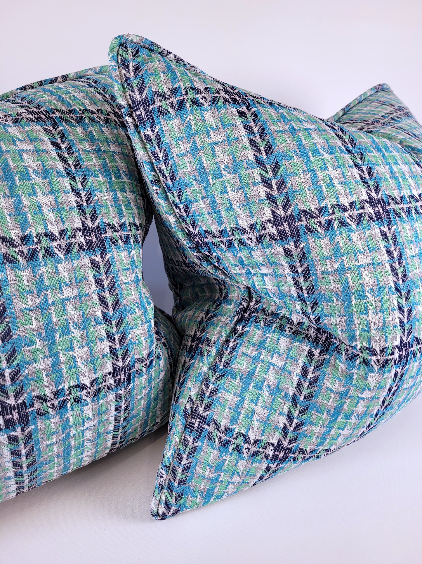 Vintage Early 1970s Navy Blue, Turquoise Blue, Grey, Green Double Knit Pillow 20"