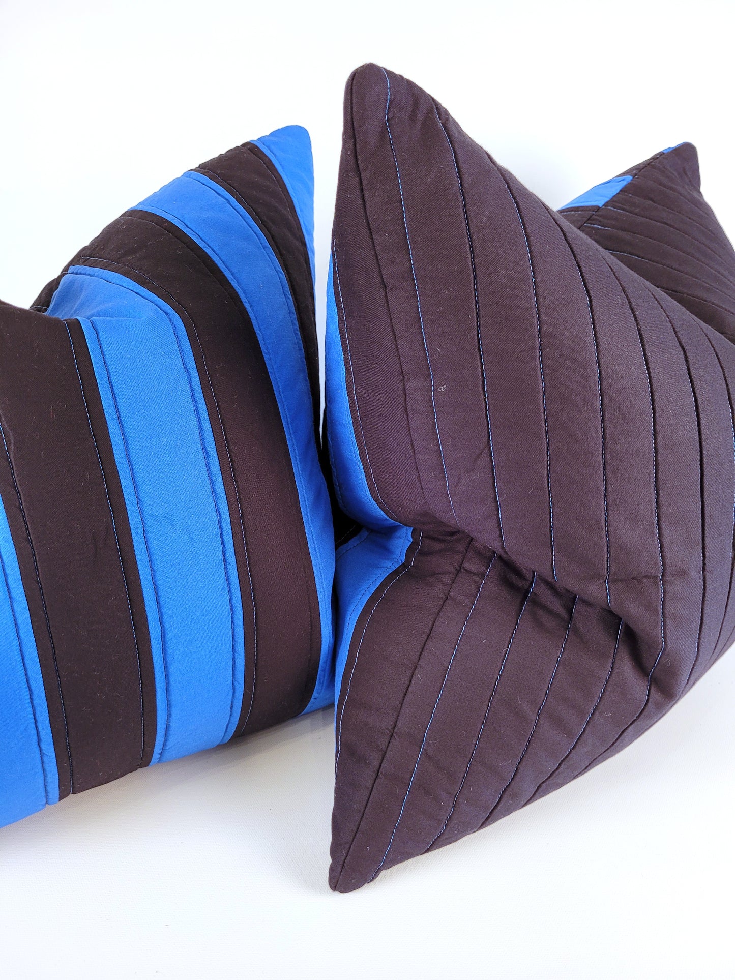 Black and Blue Striped Quilted Pillow with Contrasting Stitching 20"