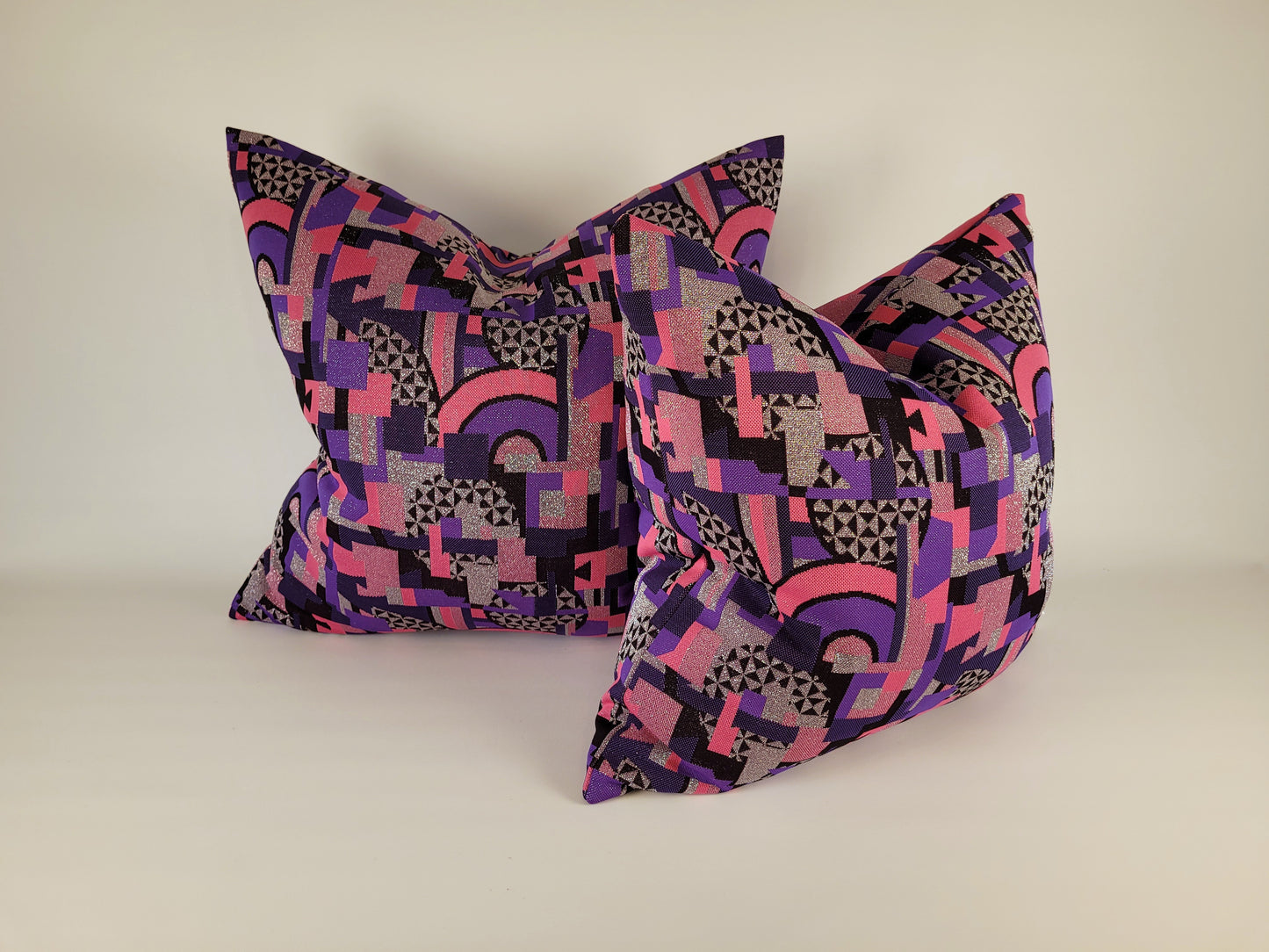Sparkly Silver, Pink, Purple, Black Geometric Pillow 18"