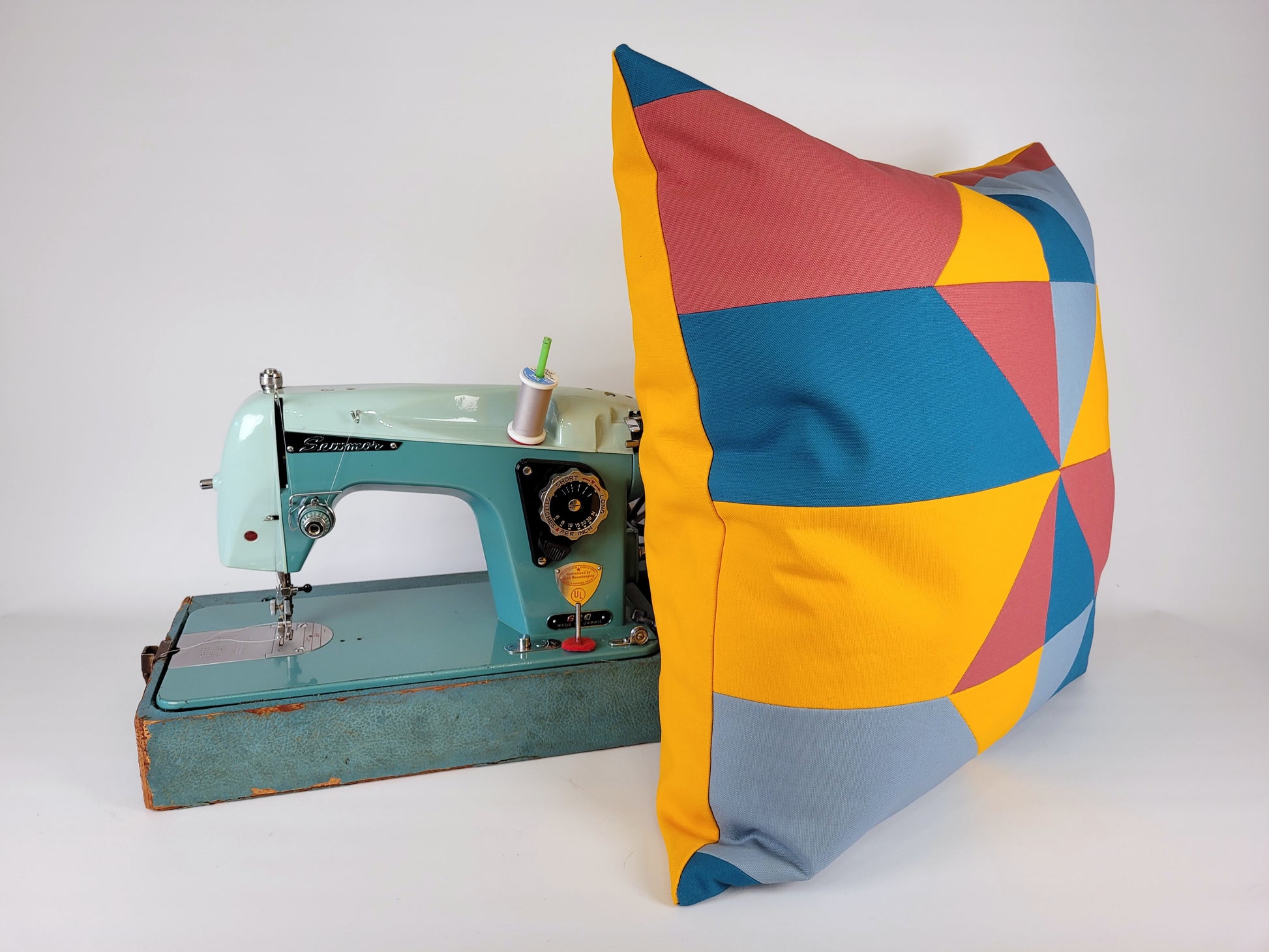 50s Mod Geometric Outdoor Throw Pillow made with 1950s vintage sewmor sewing machine