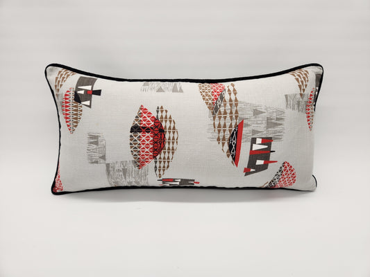 Atomic 1950s Vintage Barkcloth 12x24 Lumbar Pillow: Black, Red, Brown on Light Grey, Mid-Century-Modern, Only 3 Available