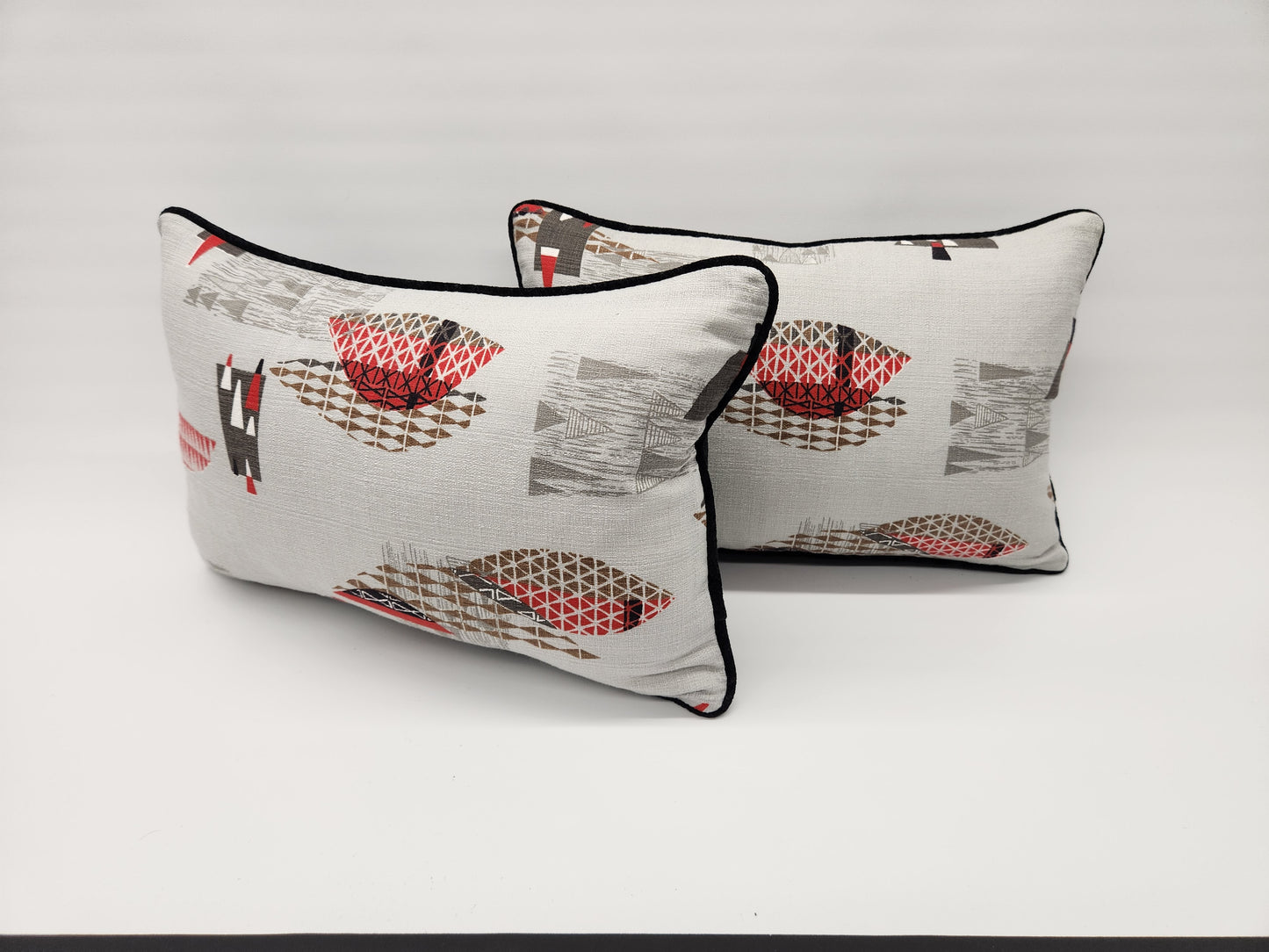 Atomic 1950s Vintage Barkcloth Fabric 12x18 Lumbar Pillow: Black, Red, Brown on Light Grey, Mid-Century-Modern, Only 3 Available