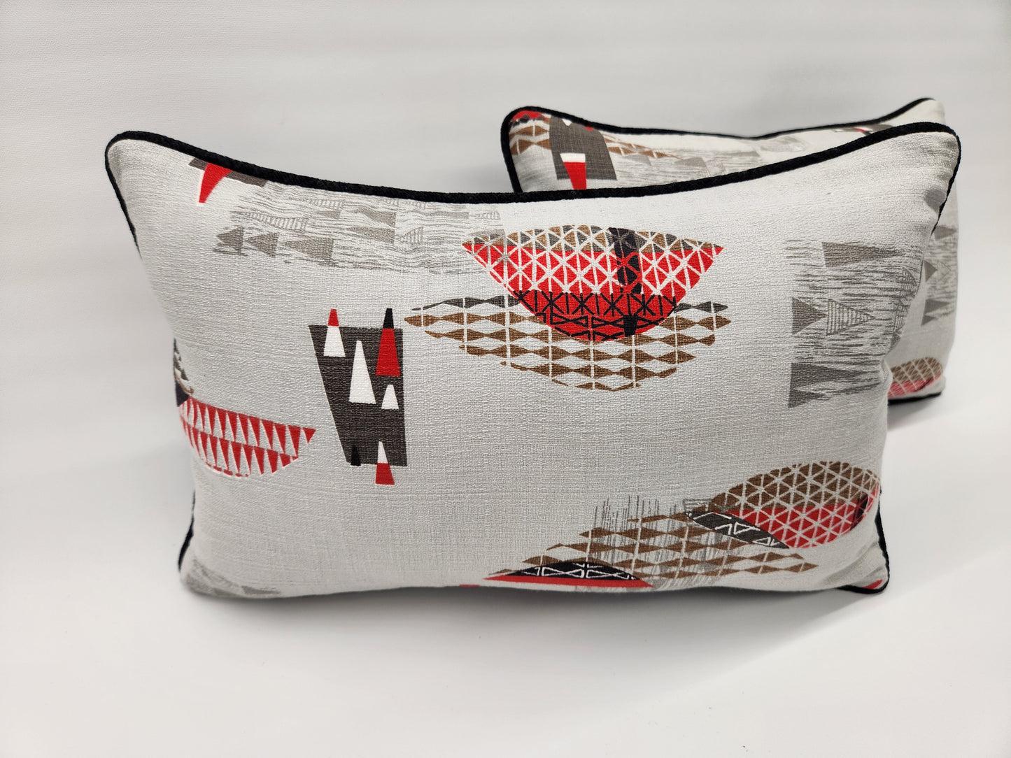 Atomic 1950s Vintage Barkcloth Fabric 12x18 Lumbar Pillow: Black, Red, Brown on Light Grey, Mid-Century-Modern, Only 3 Available