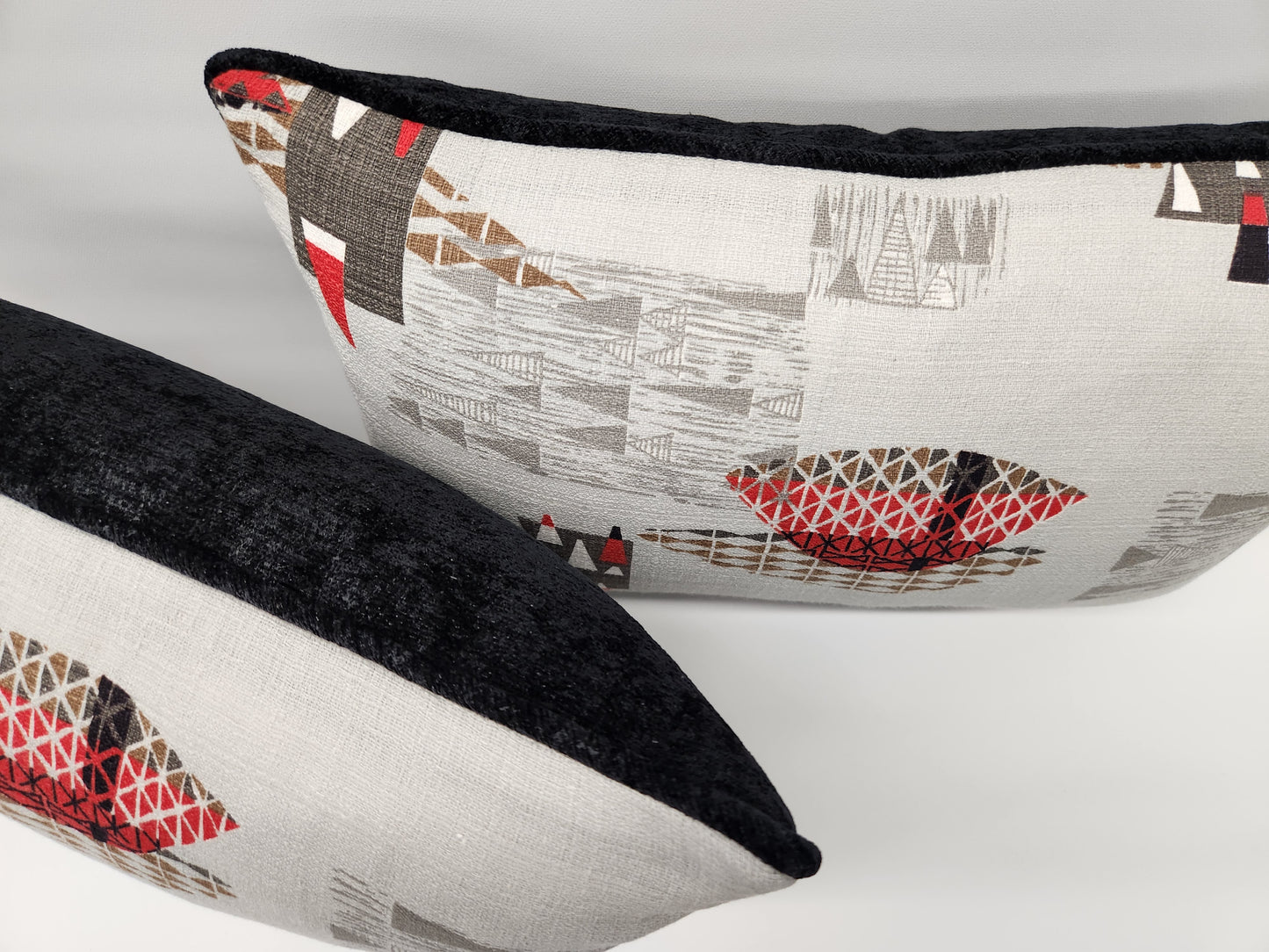 Atomic 1950s Vintage Barkcloth Fabric 12x18 Lumbar Pillow: Black, Red, Brown on Light Grey, Mid-Century-Modern, Only 3 Available