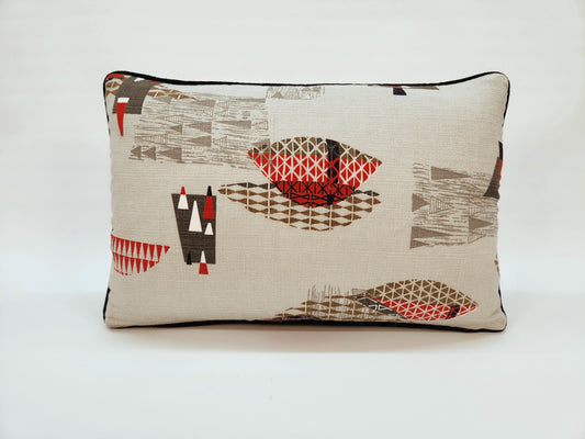 Atomic 1950s Vintage Barkcloth Fabric 12x18 Lumbar Pillow: Black, Red, Brown on Light Grey, Mid-Century-Modern, Only 3 Available