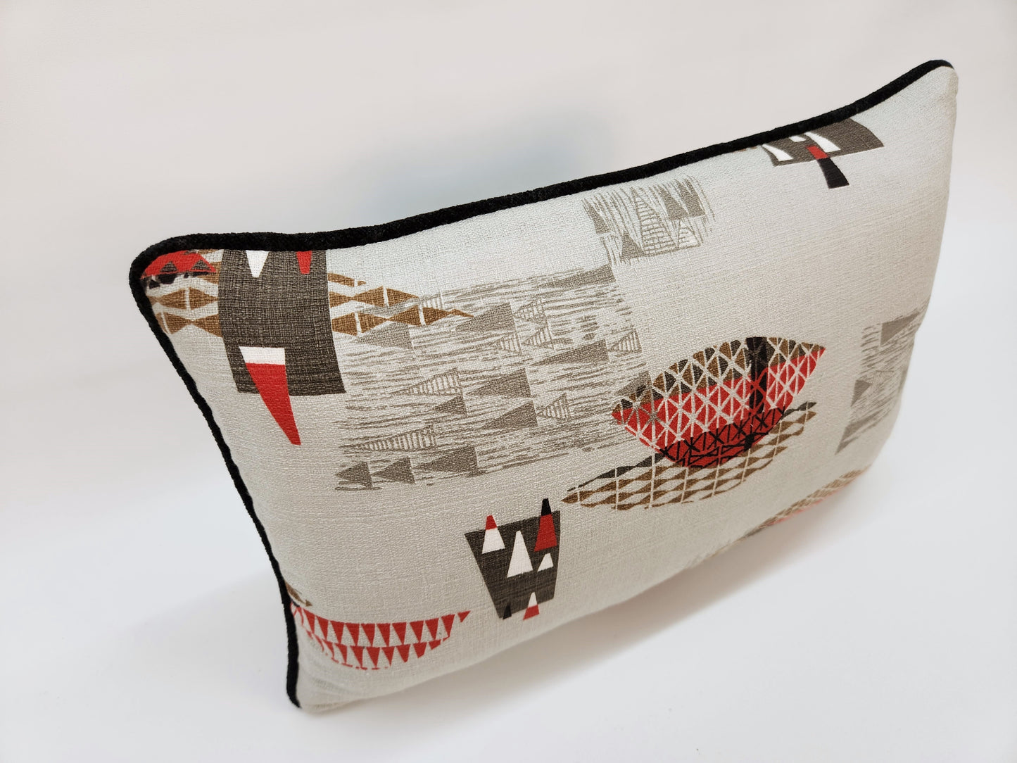 Atomic 1950s Vintage Barkcloth Fabric 12x18 Lumbar Pillow: Black, Red, Brown on Light Grey, Mid-Century-Modern, Only 3 Available