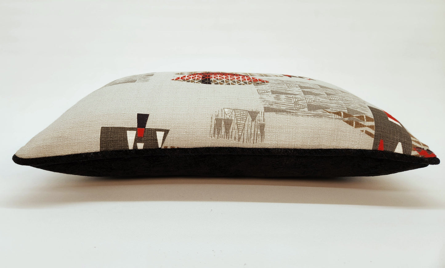 Atomic 1950s Vintage Barkcloth Fabric 12x18 Lumbar Pillow: Black, Red, Brown on Light Grey, Mid-Century-Modern, Only 3 Available