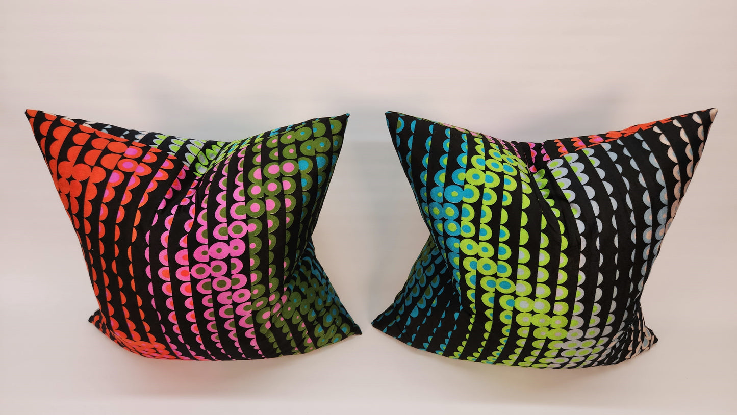 Disco Lights Vintage 1970s Rainbow and Black Pillow, 22" Chenille-like