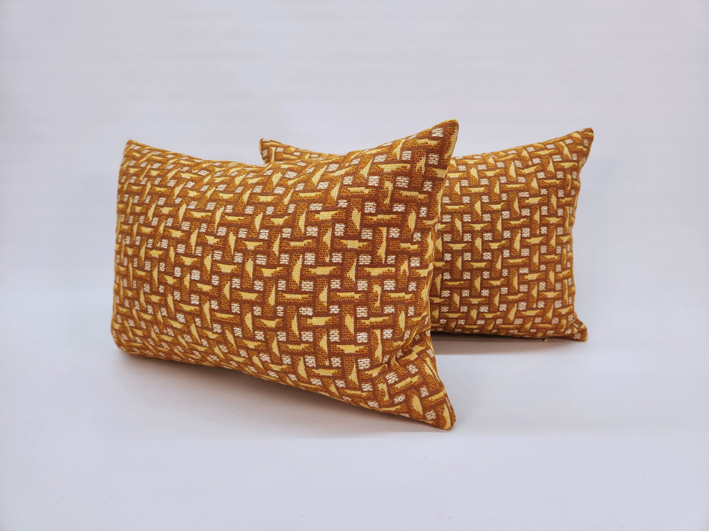 Vintage Fabric Chunky Orange, Yellow and Natural Geometric Woven 1970s Lumbar Pillow 12"x18"