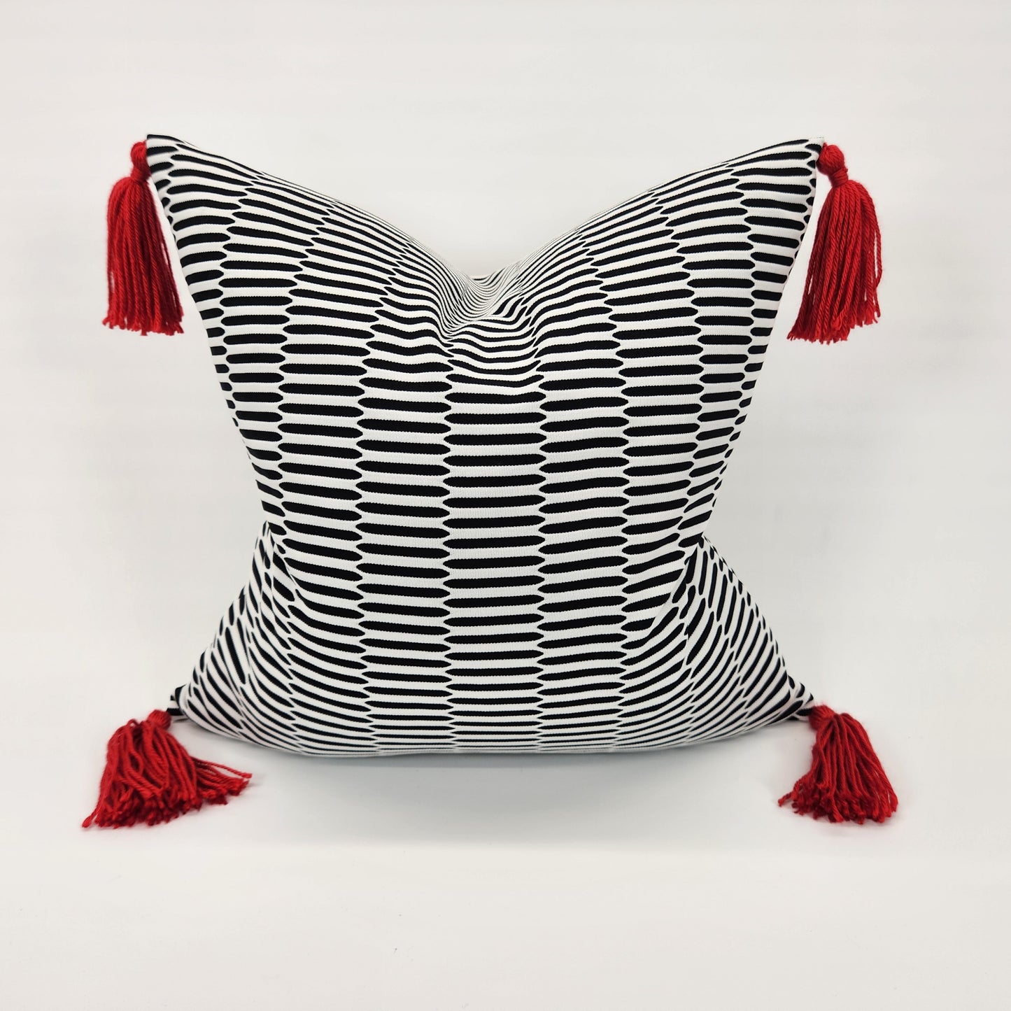 Vintage 1970s Black & White Double Knit Pillow with Red Tassels 20"