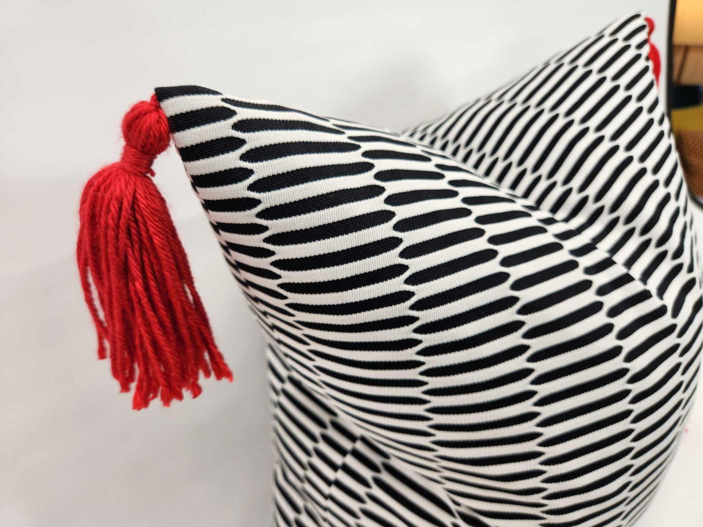 Vintage 1970s Black & White Double Knit Pillow with Red Tassels 20"