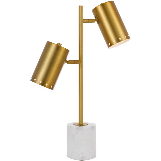 Two Light Metal Table Lamp with Matte Gold Finish and Marble Base 25"