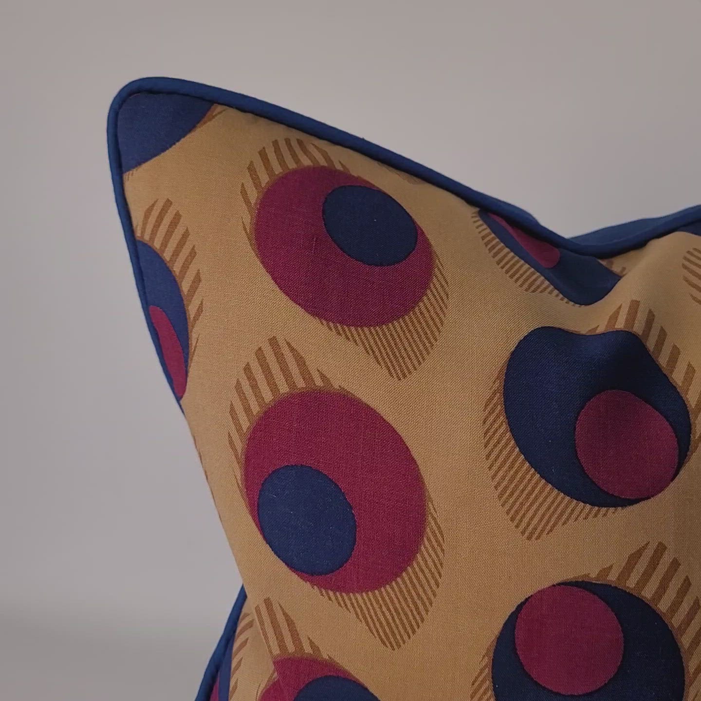 Vintage 1950s Blue, Purple and Brown "Olive" or "Eye" Pillow with Welt 16" handmade