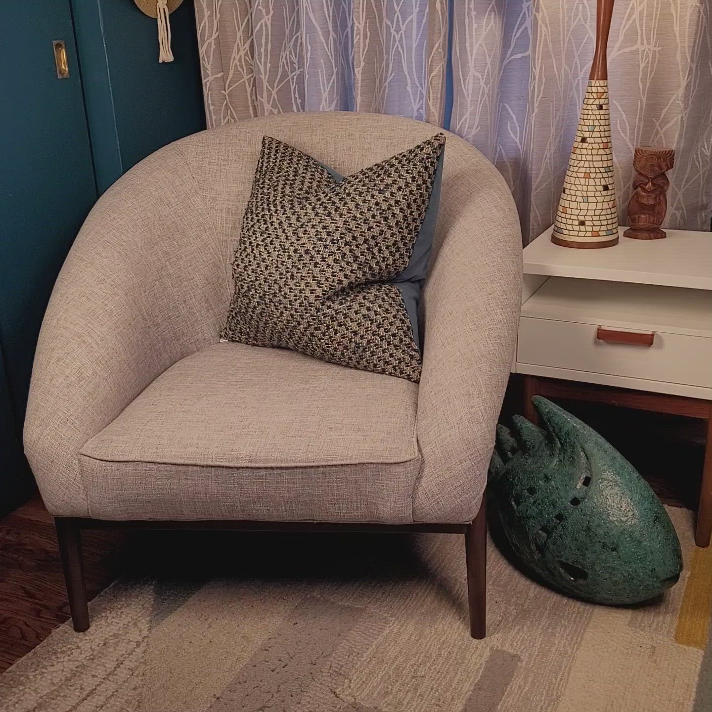 Dark Teal and Grey Tweed Pillow with Dark Teal Velvet Back 22"