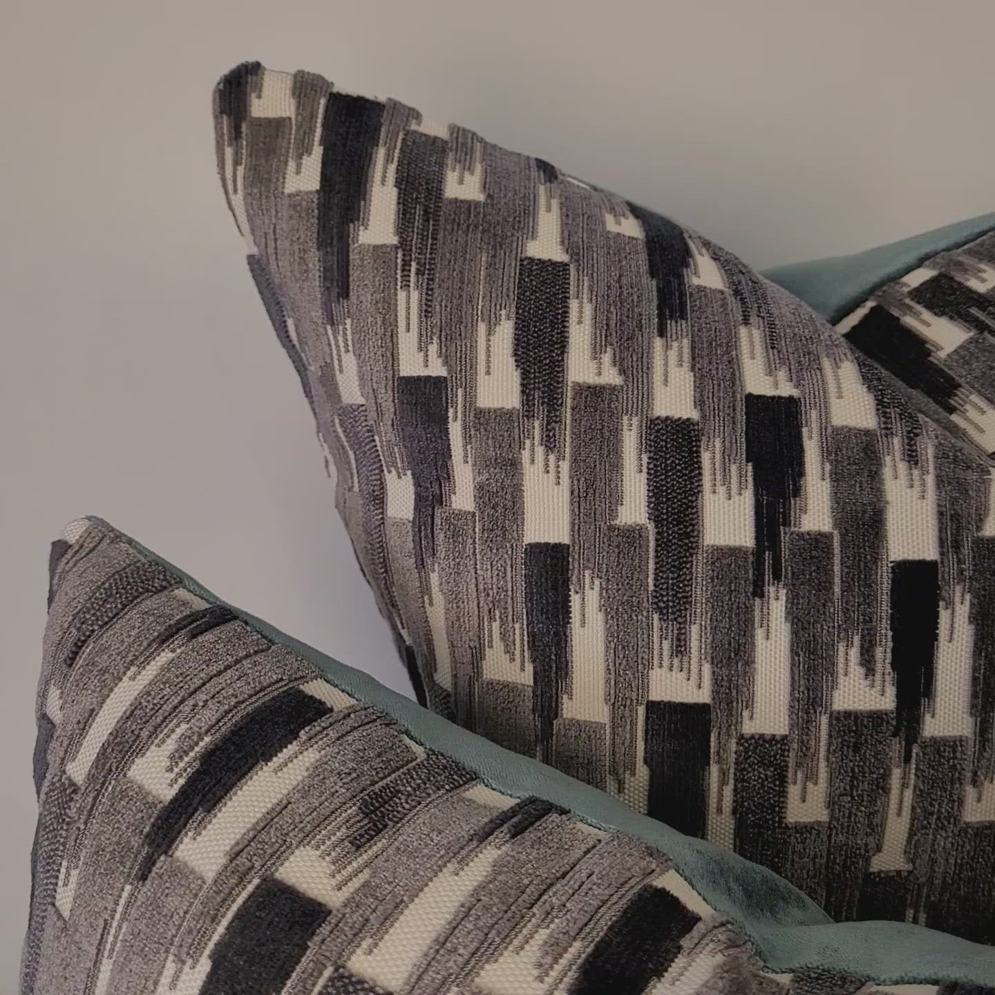 Dark and Light Grey Velvet Accent Pillow with Teal Mohair Back 18"