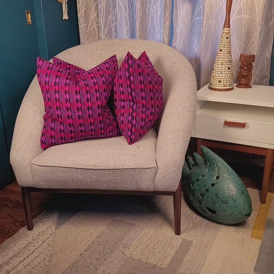 Vintage 1960s Hot Pink, Purple and Black Geometric Pillow 18"
