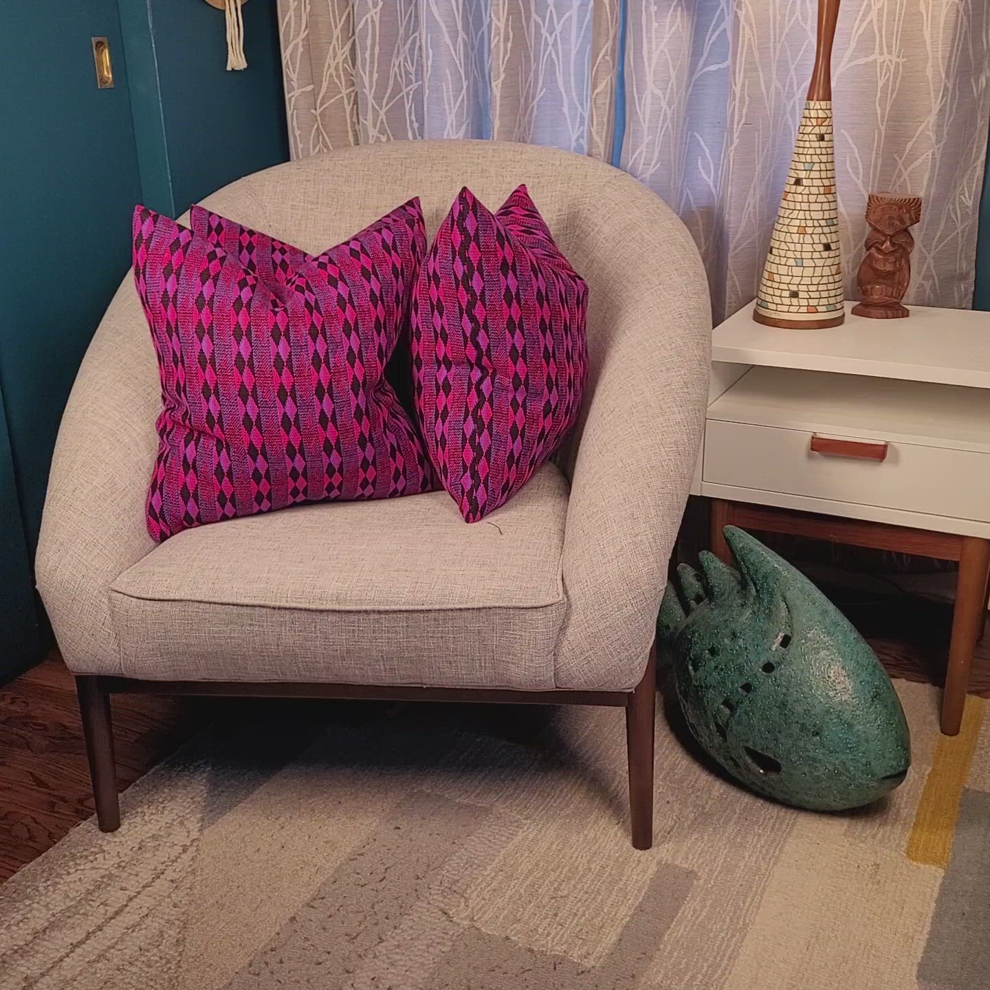 Vintage 1960s Hot Pink, Purple and Black Geometric Pillow 18"