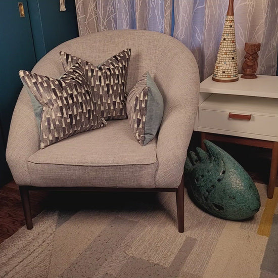 Dark and Light Grey Velvet Accent Pillow with Teal Mohair Back 12"x20" Lumbar