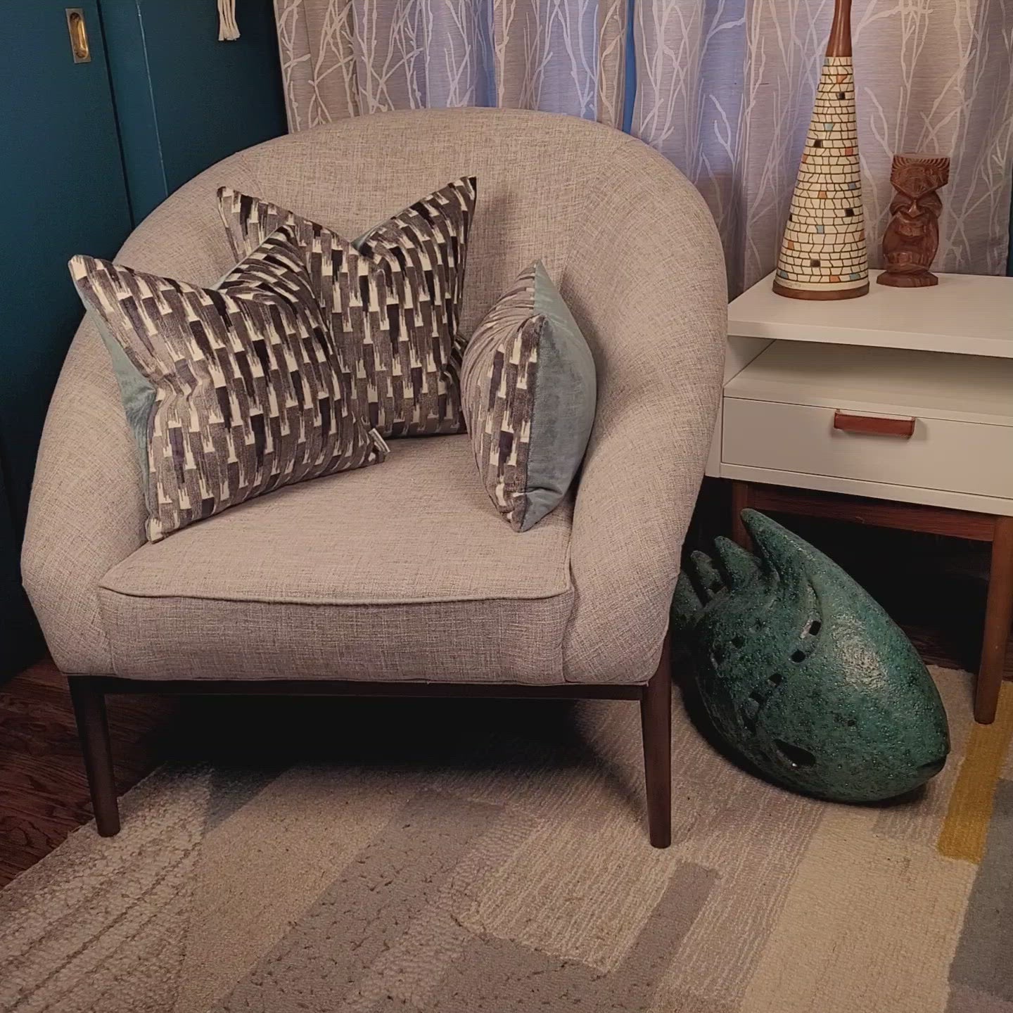 Dark and Light Grey Velvet Accent Pillow with Teal Mohair Back 12"x20" Lumbar