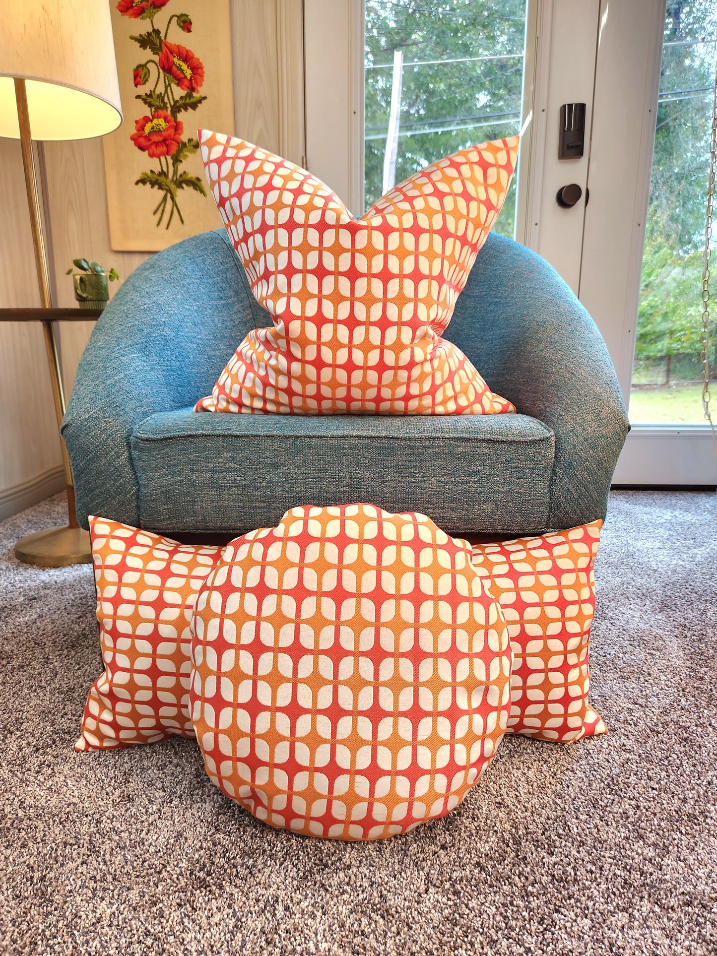 Breeze Block Vintage Inspired Round 16" Pillow Cover, Tangerine, with or without Feather Insert