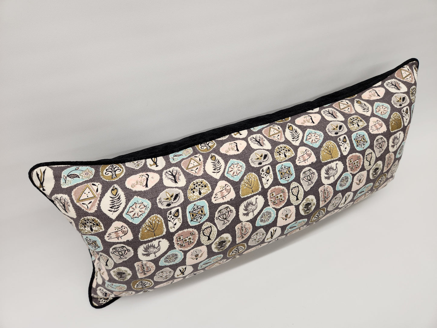 Whimsical 1950s Vintage Barkcloth 13x28 Lumbar Pillow: Teal, Pink, Metallic Gold, Black, Grey, Mid-Century-Modern, Only 2 Available