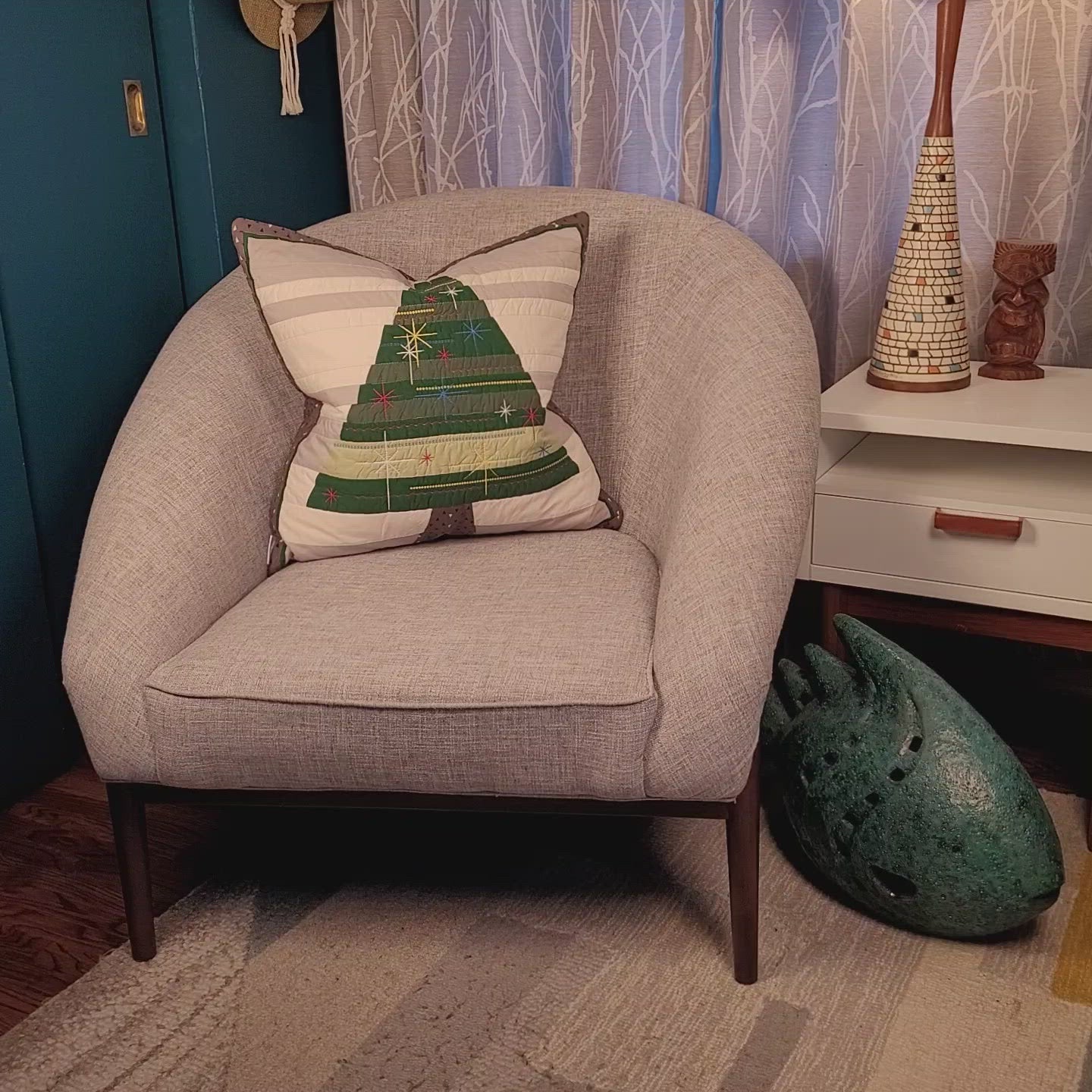 Quilted, Embroidered Mid-Century Kitsch Inspired Christmas Tree Pillow 22"