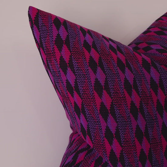 Vintage 1960s Hot Pink, Purple and Black Geometric Pillow 18"